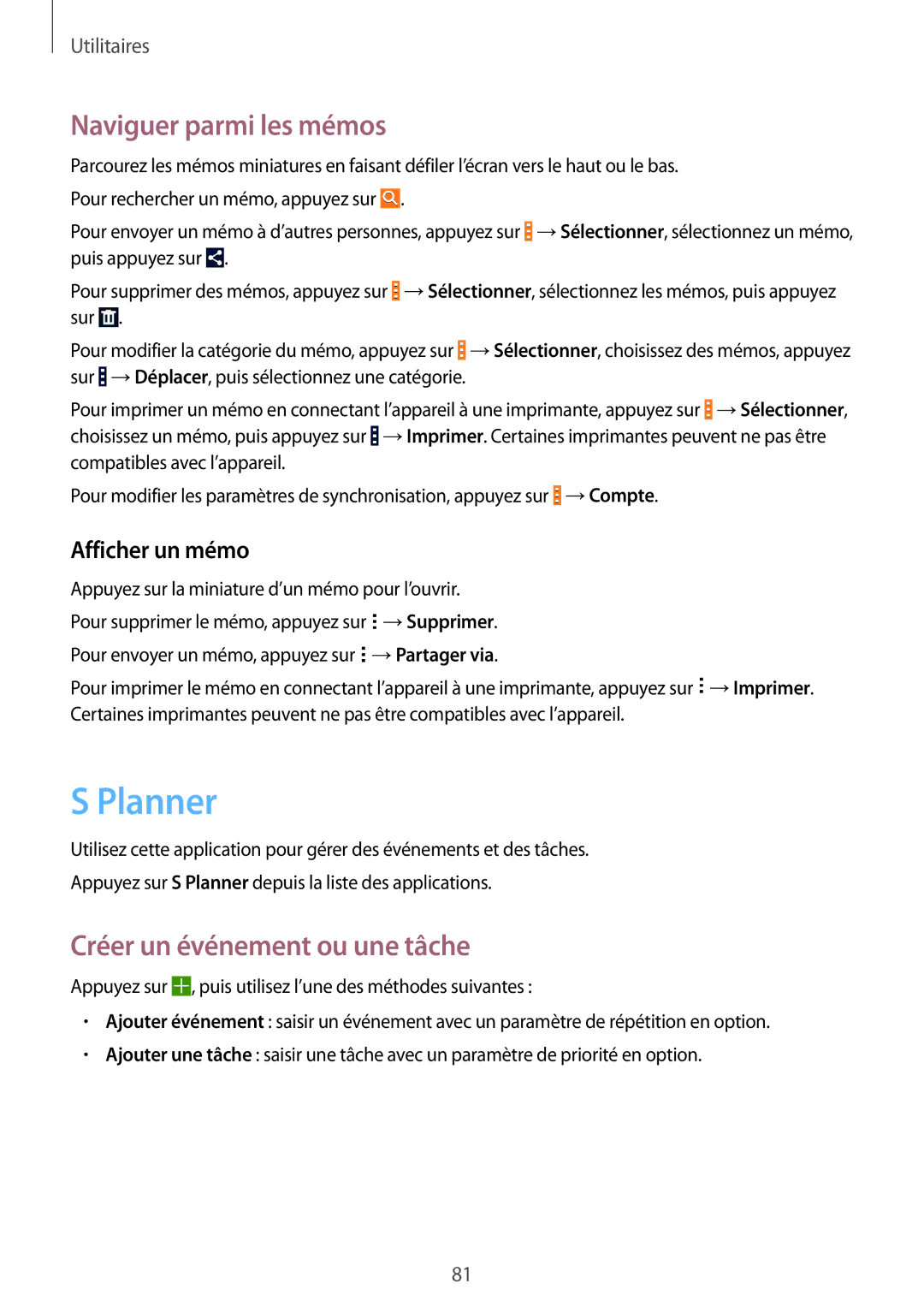 Samsung GT-I9195ZWIXEF manual Planner, Naviguer parmi les mémos, Créer un événement ou une tâche, Afficher un mémo 