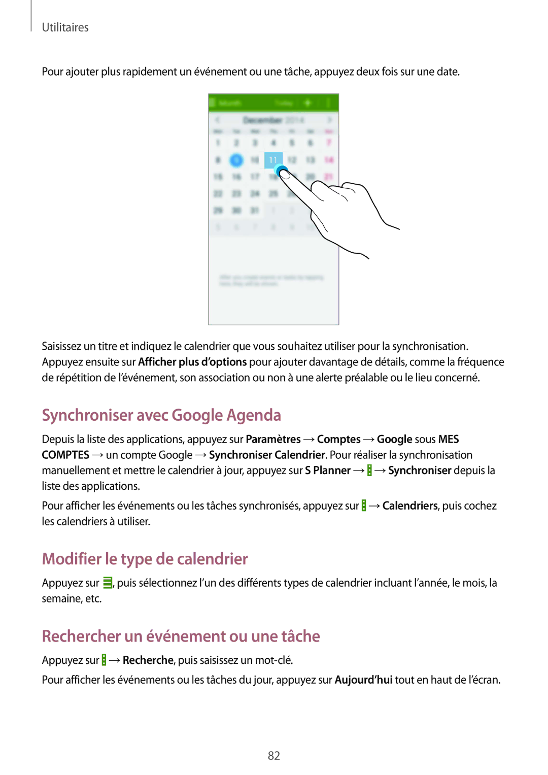 Samsung GT-I9195ZKIXEF, GT-I9195ZWIXEF, GT-I9195DKIXEF manual Synchroniser avec Google Agenda, Modifier le type de calendrier 