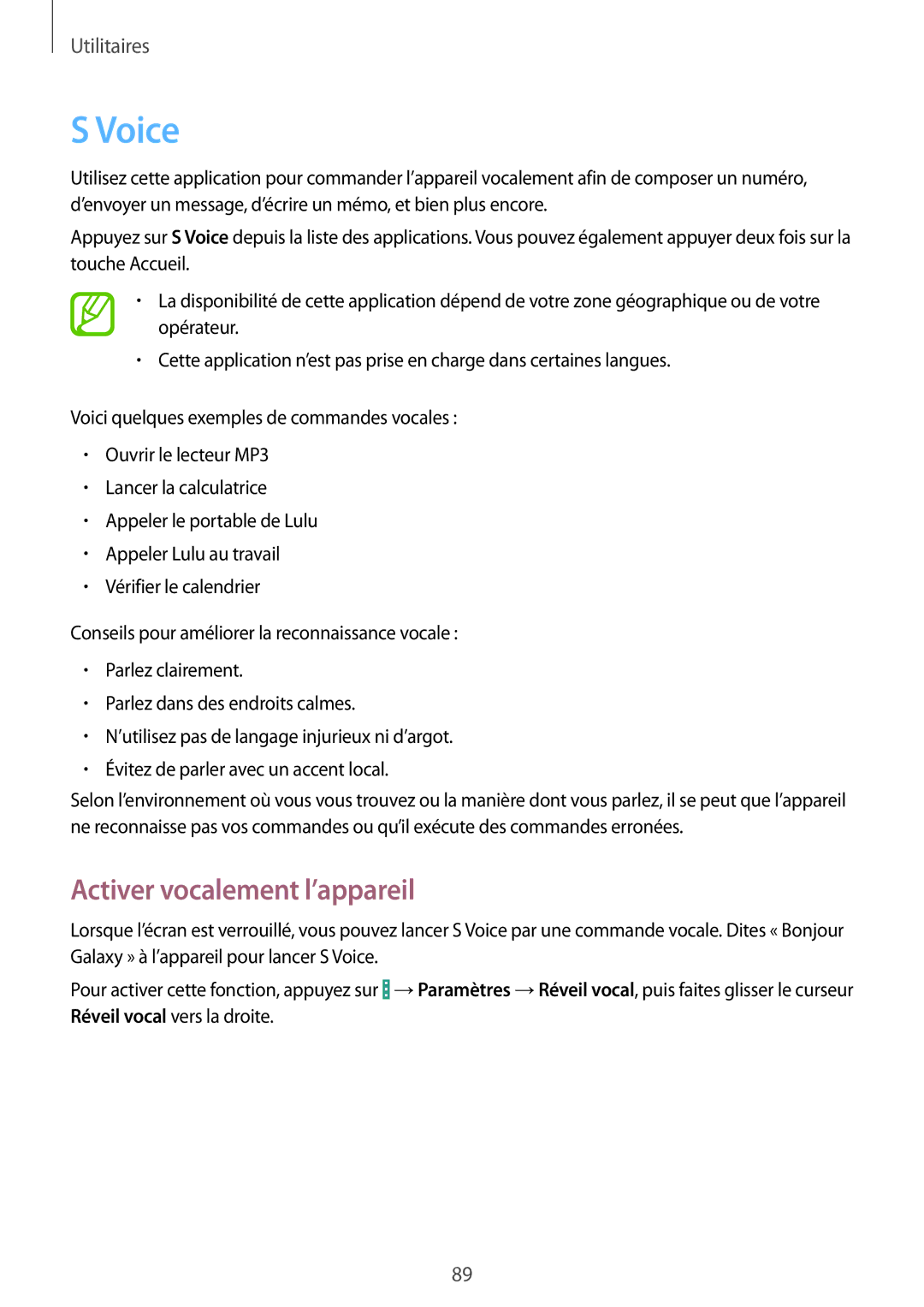 Samsung GT-I9195DKIXEF, GT-I9195ZWIXEF, GT-I9195ZKIXEF manual Voice, Activer vocalement l’appareil 