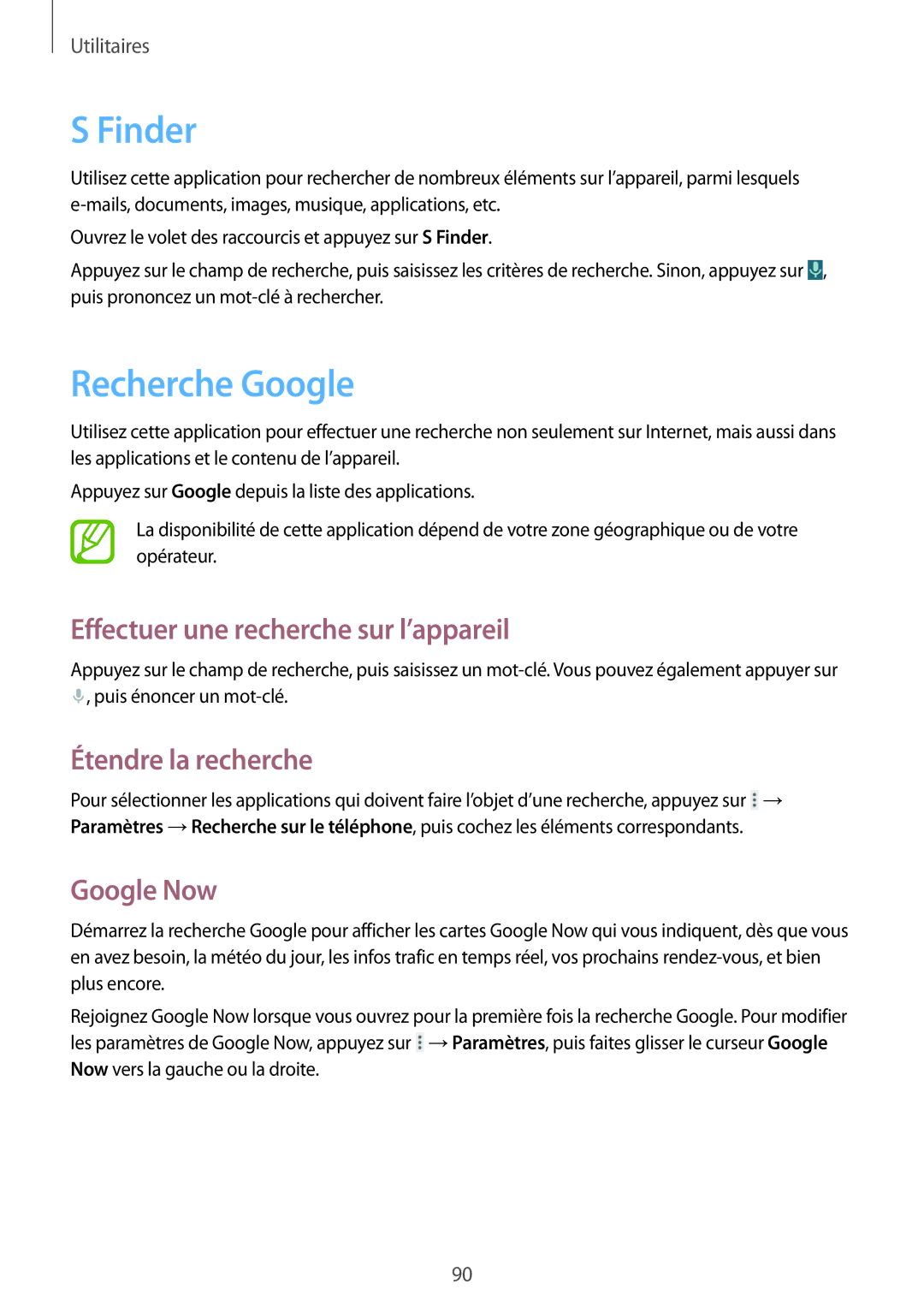 Samsung GT-I9195ZWIXEF Finder, Recherche Google, Effectuer une recherche sur l’appareil, Étendre la recherche, Google Now 