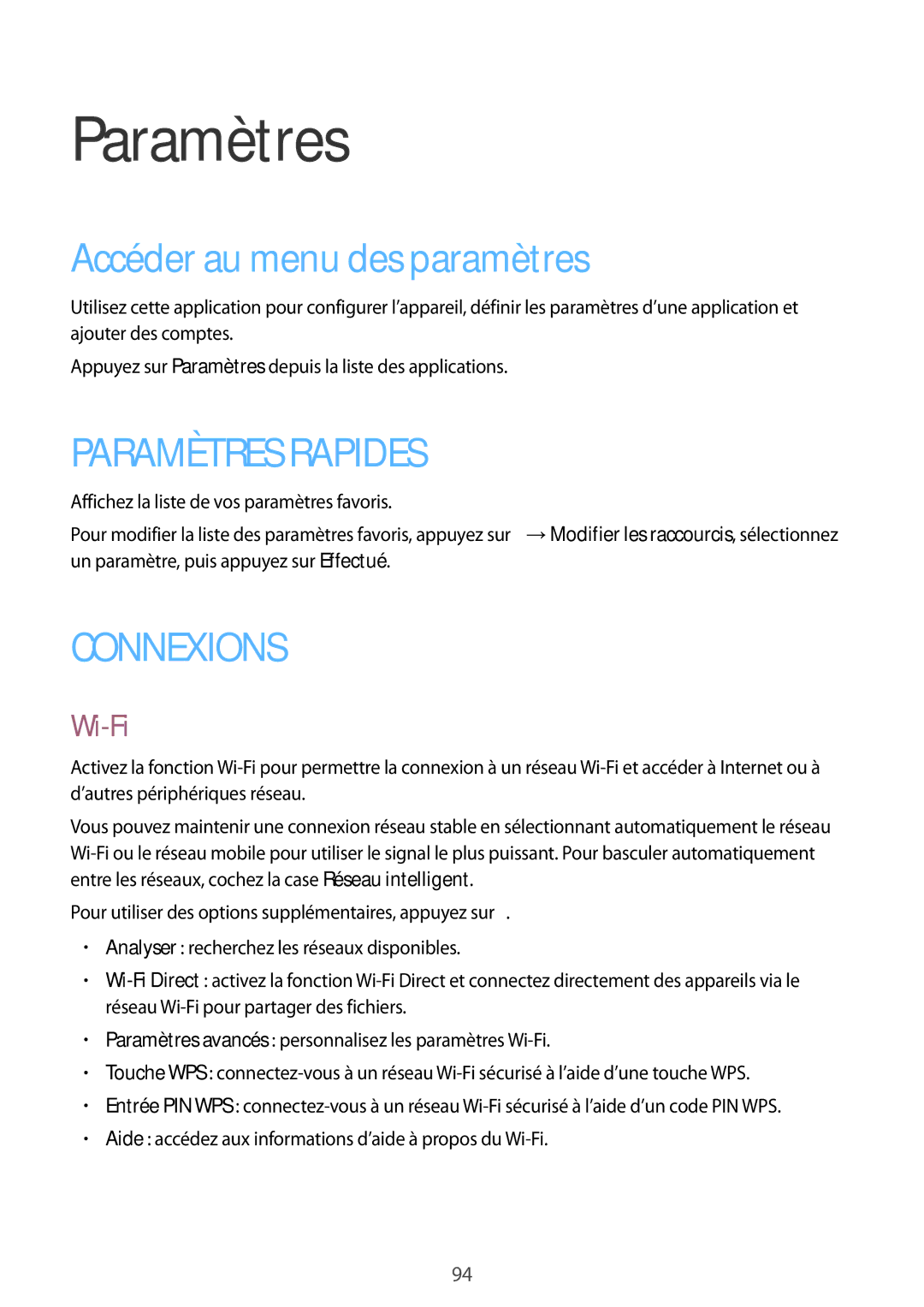 Samsung GT-I9195ZKIXEF, GT-I9195ZWIXEF, GT-I9195DKIXEF manual Paramètres, Accéder au menu des paramètres, Wi-Fi 