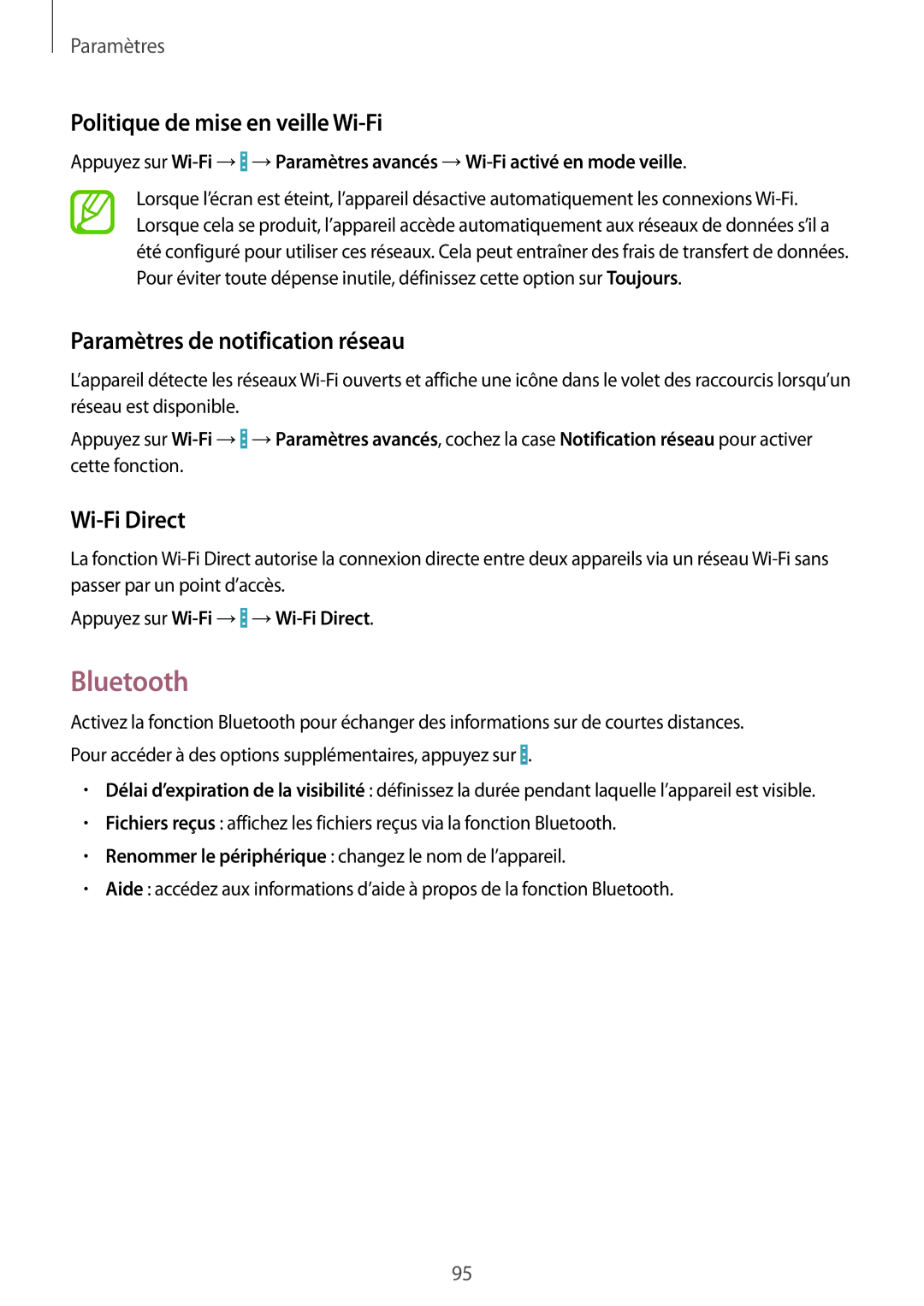 Samsung GT-I9195DKIXEF manual Bluetooth, Politique de mise en veille Wi-Fi, Paramètres de notification réseau, Wi-Fi Direct 