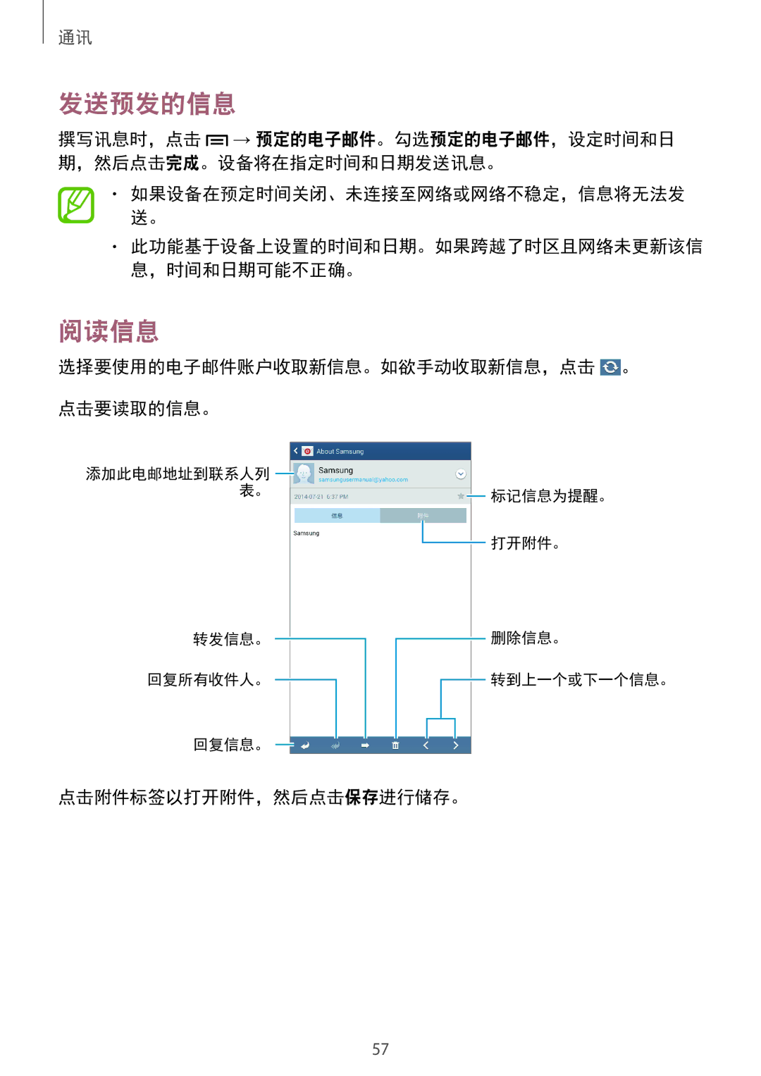 Samsung GT-I9200ZWAXXV, GT-I9200ZKAXXV manual 阅读信息, 选择要使用的电子邮件账户收取新信息。如欲手动收取新信息，点击 。 点击要读取的信息。, 点击附件标签以打开附件，然后点击保存进行储存。 