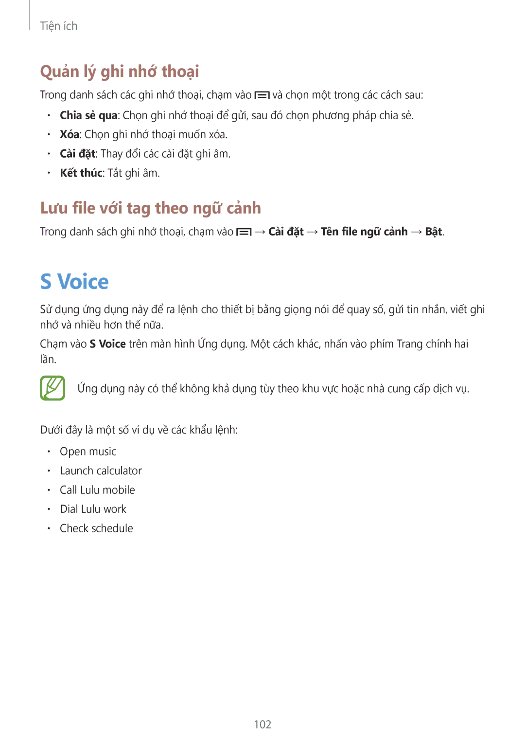 Samsung GT-I9200ZKAXXV, GT-I9200ZWAXXV manual Voice, Quản lý ghi nhớ thoại, Lưu file với tag theo ngữ cảnh, 102 