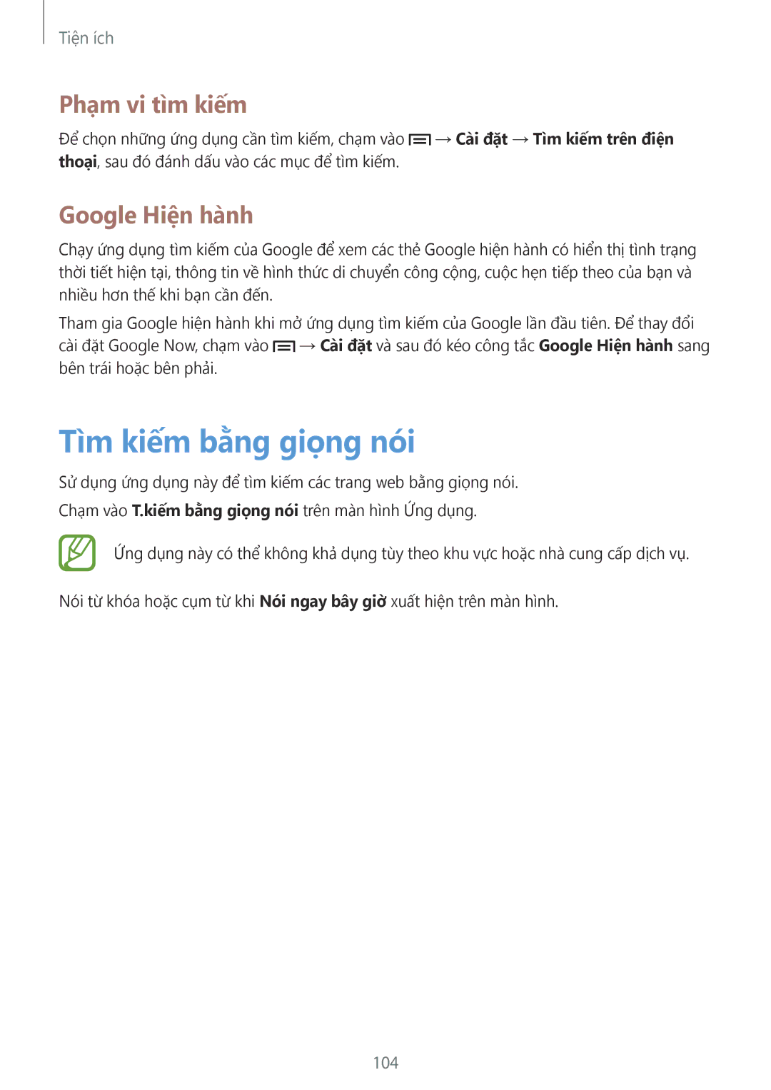 Samsung GT-I9200ZKAXXV, GT-I9200ZWAXXV manual Tìm kiếm bằng giọng nói, Phạm vi tìm kiếm, Google Hiên hanh, 104 