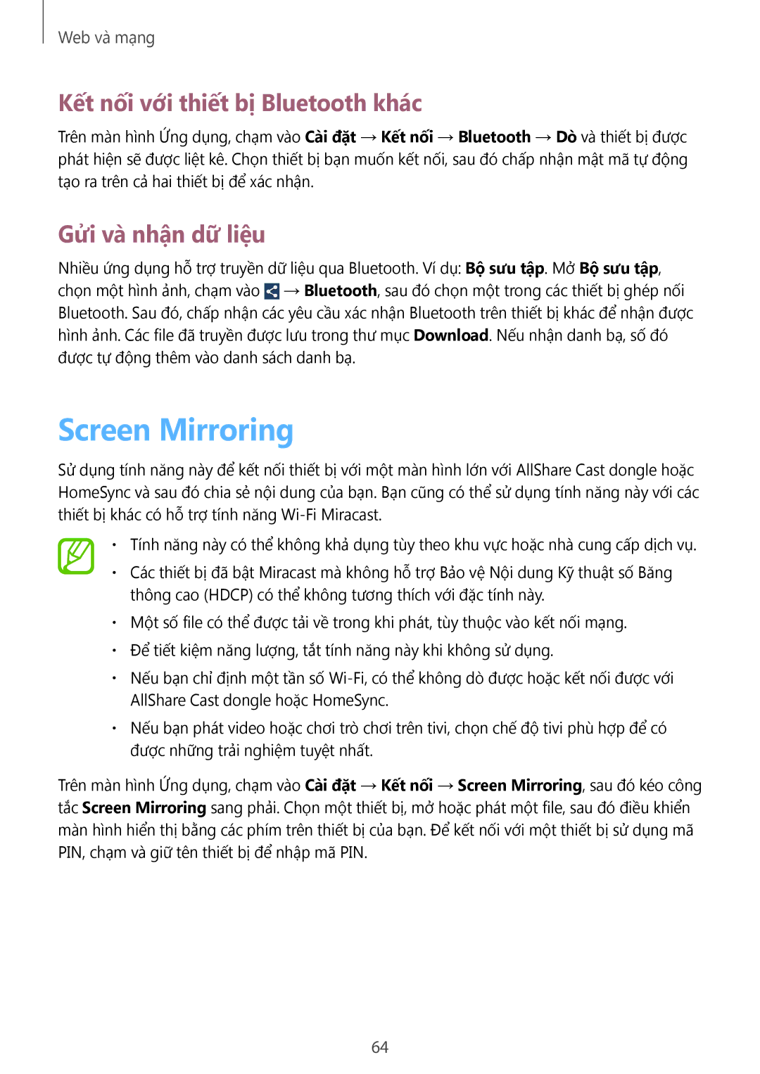 Samsung GT-I9200ZKAXXV, GT-I9200ZWAXXV manual Screen Mirroring, Kết nối với thiết bị Bluetooth khác, Gửi và nhận dữ liệu 