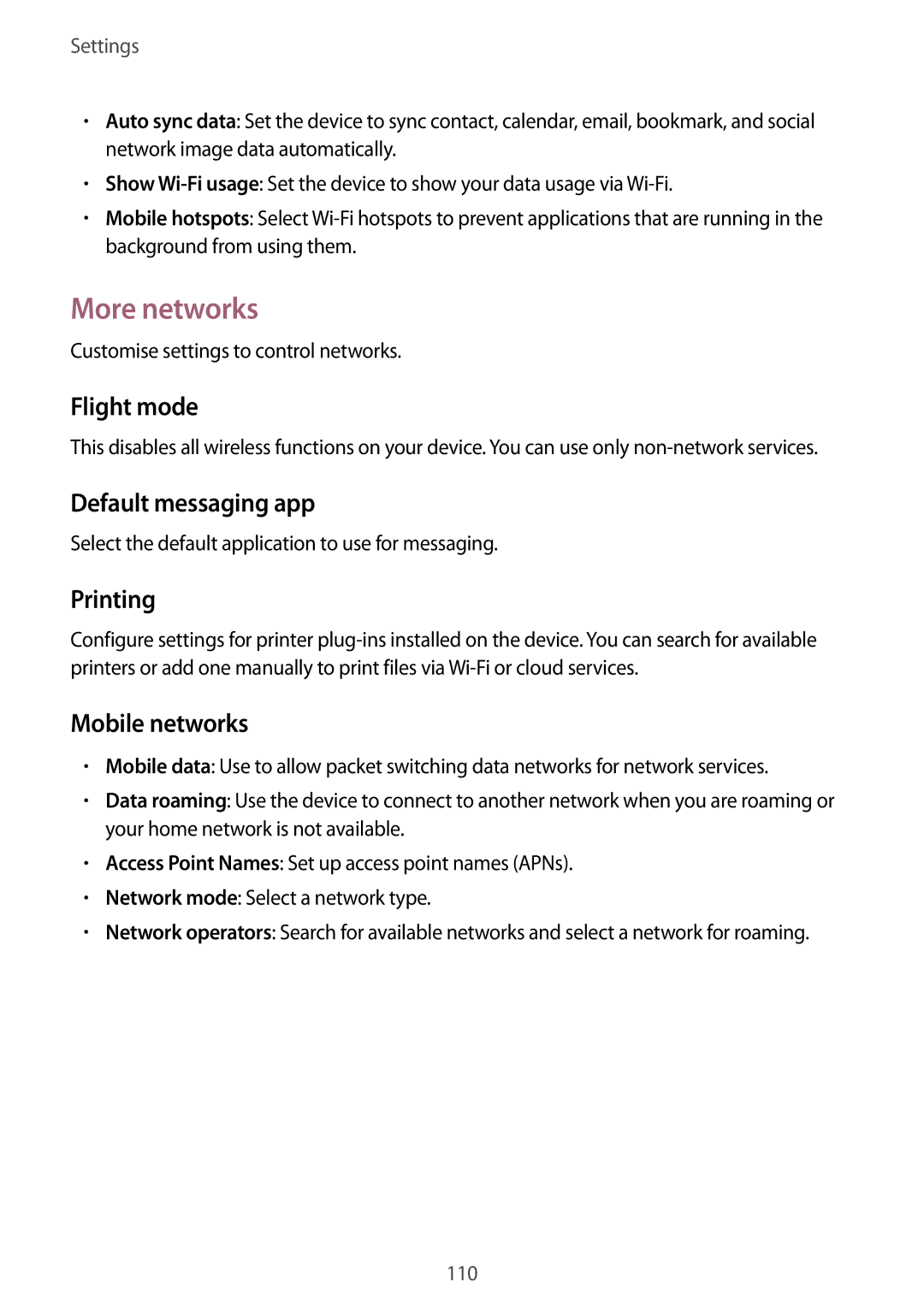 Samsung GT-I9200ZWASER, GT-I9200ZKEKSA manual More networks, Flight mode, Default messaging app, Printing, Mobile networks 