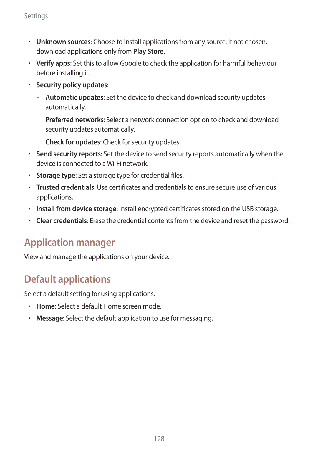 Samsung GT-I9200ZKEKSA, GT-I9200ZWEKSA, GT-I9200PPEKSA Application manager, Default applications, Security policy updates 