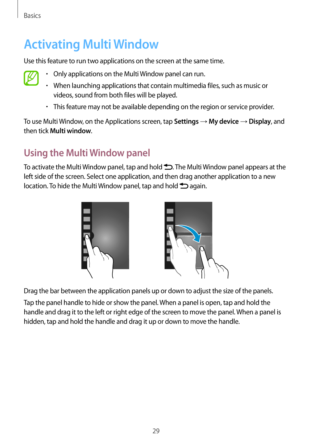 Samsung GT-I9200PPASER, GT-I9200ZKEKSA, GT-I9200ZWEKSA, GT-I9200PPEKSA Activating Multi Window, Using the Multi Window panel 