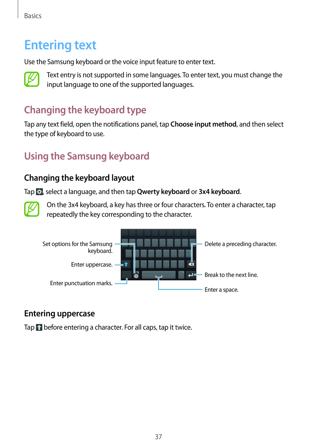 Samsung GT-I9200PPASER Entering text, Changing the keyboard type, Using the Samsung keyboard, Changing the keyboard layout 