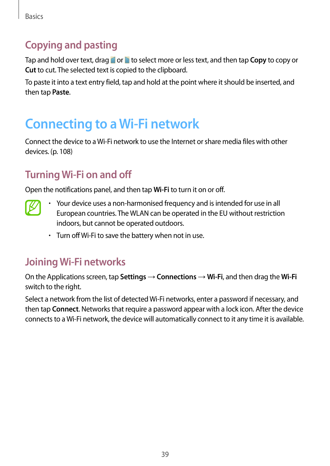 Samsung GT-I9200ZKASER, GT-I9200ZKEKSA manual Connecting to a Wi-Fi network, Copying and pasting, Turning Wi-Fi on and off 