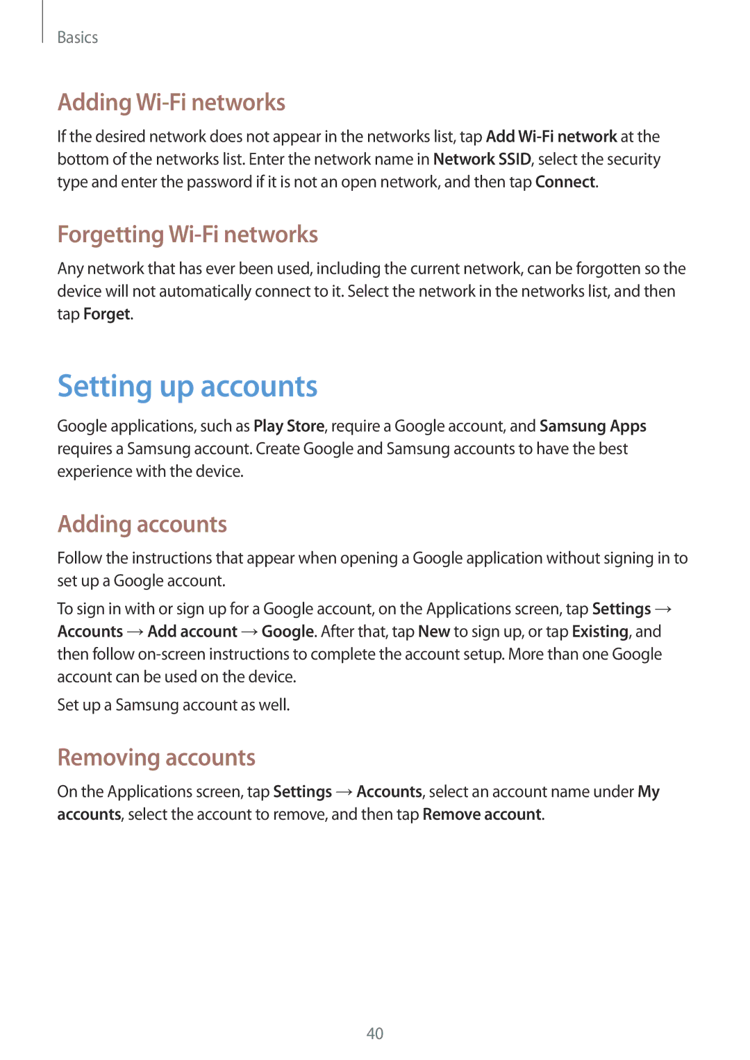 Samsung GT-I9200ZKEKSA manual Setting up accounts, Adding Wi-Fi networks, Forgetting Wi-Fi networks, Adding accounts 