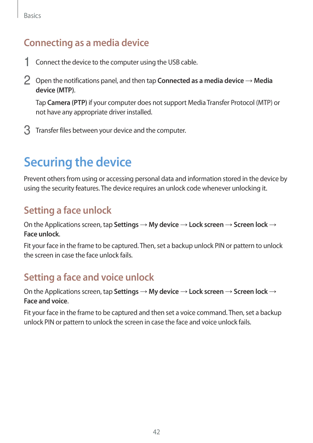 Samsung GT-I9200PPEKSA manual Securing the device, Connecting as a media device, Setting a face unlock, Device MTP 