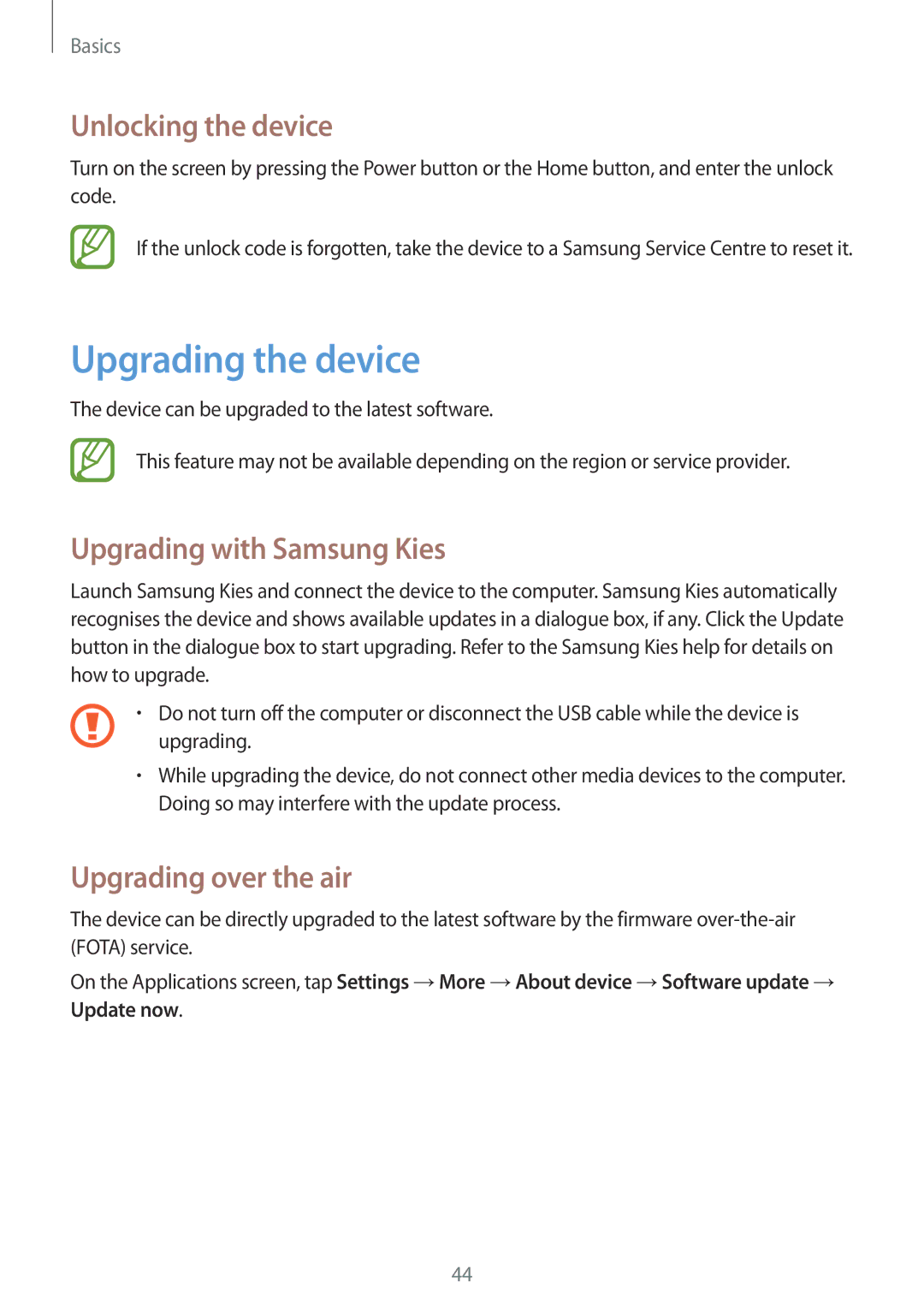 Samsung GT-I9200ZWAXXV Upgrading the device, Unlocking the device, Upgrading with Samsung Kies, Upgrading over the air 