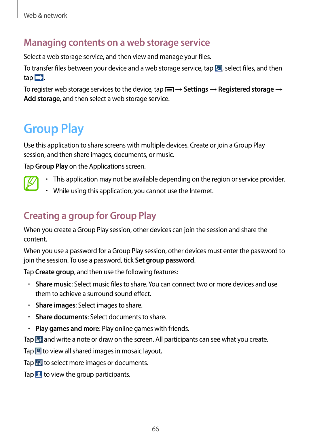 Samsung GT-I9200PPEKSA, GT-I9200ZKEKSA Managing contents on a web storage service, Creating a group for Group Play 