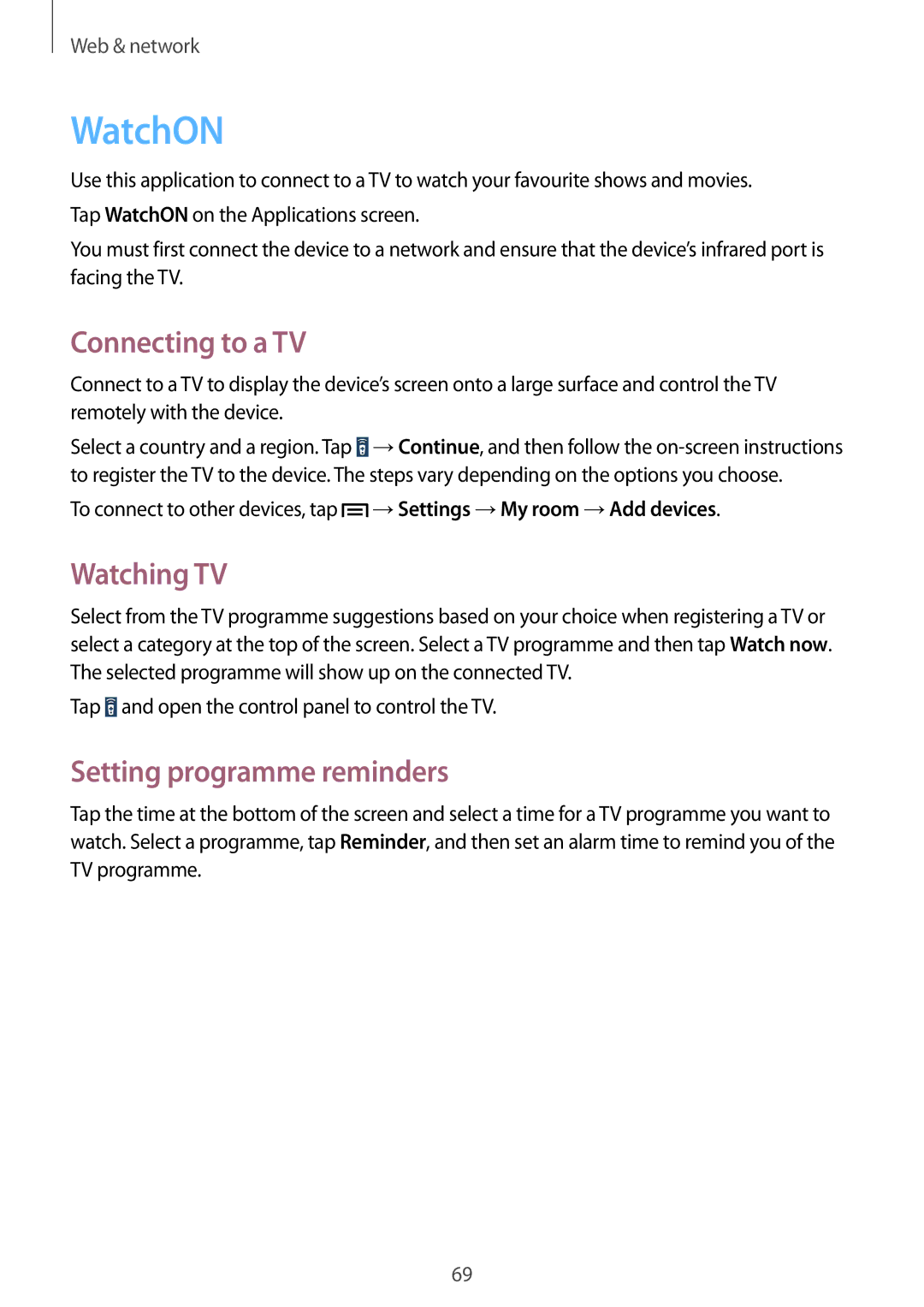 Samsung GT-I9200PPASER, GT-I9200ZKEKSA manual WatchON, Connecting to a TV, Watching TV, Setting programme reminders 
