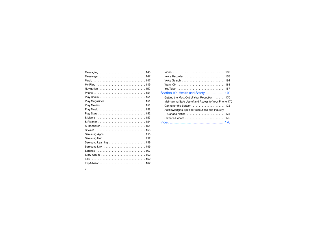 Samsung GT-I9205 user manual 170, 176, Health and Safety, Index 