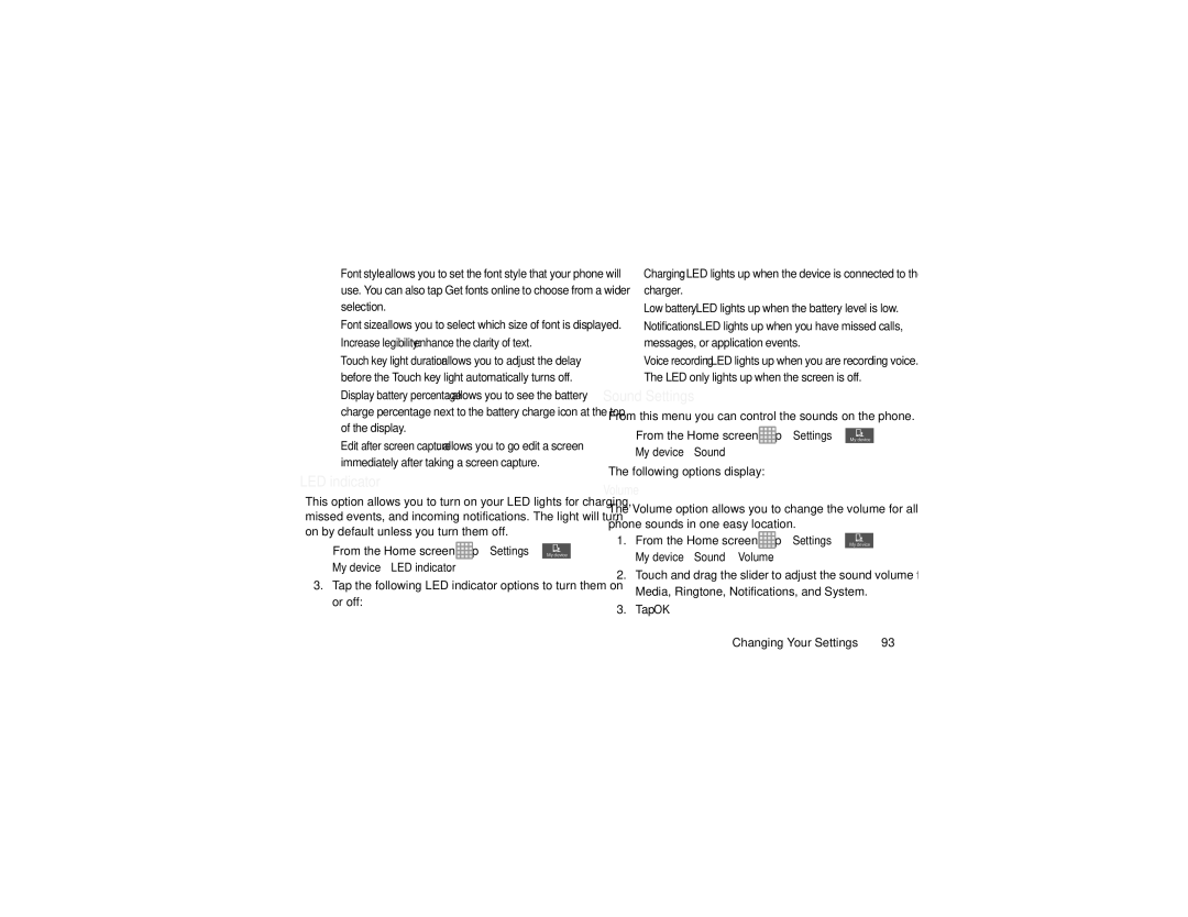 Samsung GT-I9205 user manual LED indicator, Sound Settings, Tap OK Changing Your Settings, Volume 