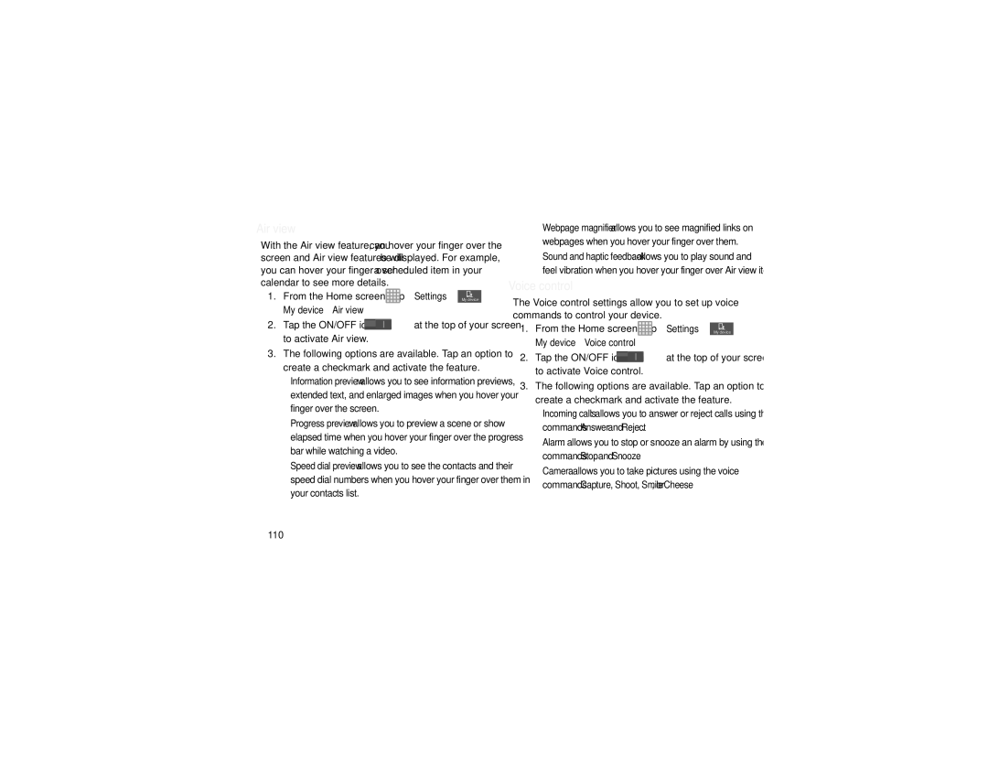 Samsung GT-I9205 user manual 110, My device Air view, My device Voice control 