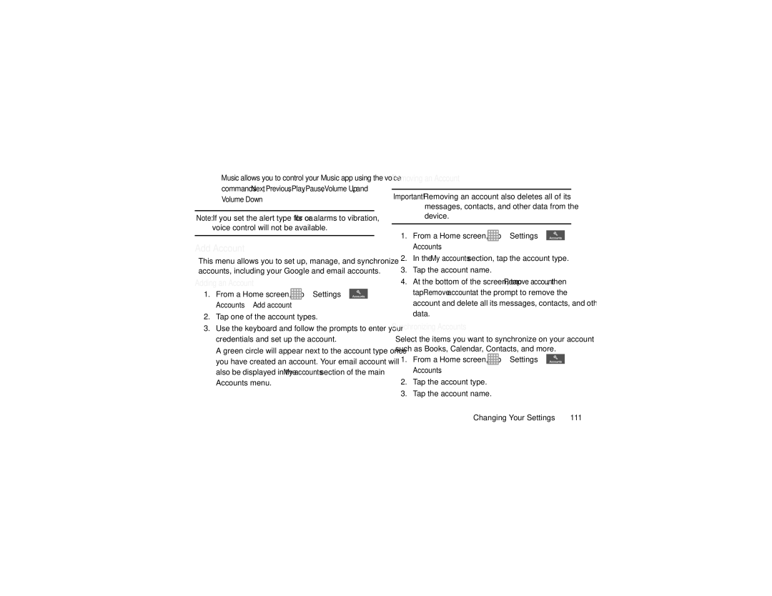 Samsung GT-I9205 user manual Add Account, Adding an Account, Removing an Account, Synchronizing Accounts 