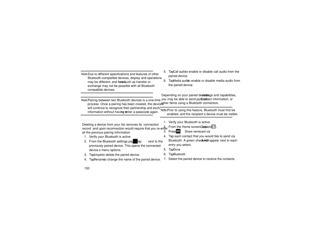 Samsung GT-I9205 user manual Select the paired device to receive the contacts 130, Sending Contacts via Bluetooth 