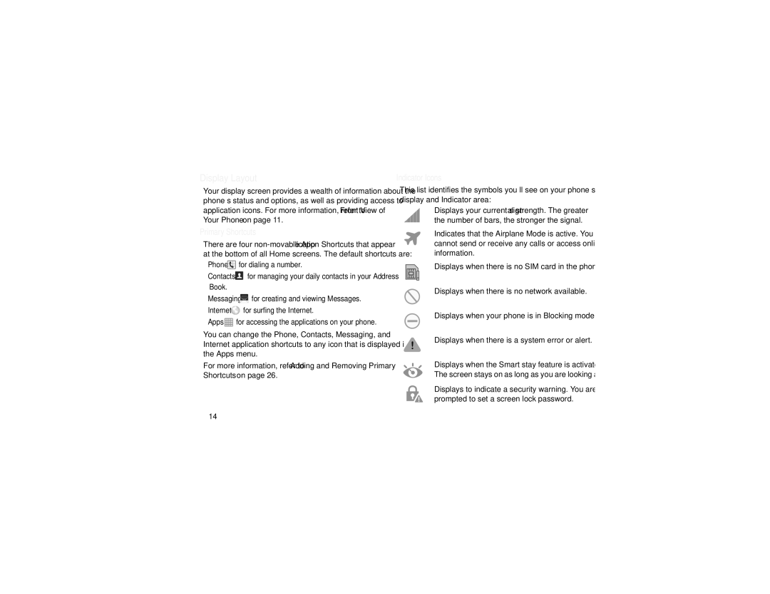 Samsung GT-I9205 user manual Display Layout, Primary Shortcuts, Indicator Icons 