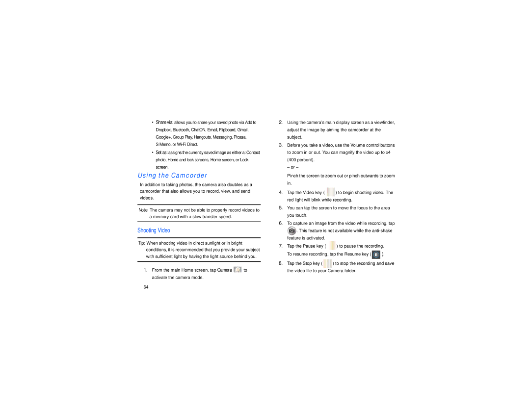 Samsung GT-I9205 user manual Using the Camcorder, Shooting Video 