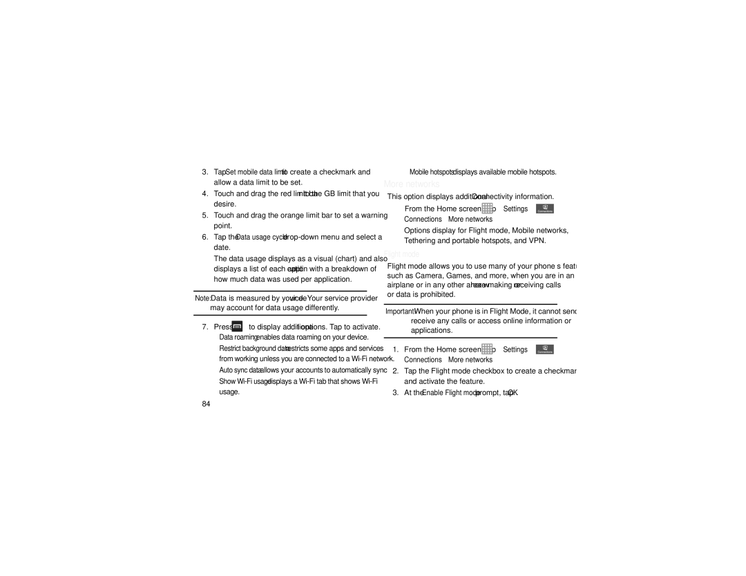 Samsung GT-I9205 user manual More networks, Press to display additional options. Tap to activate, Flight mode 