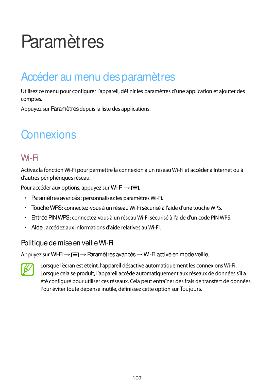 Samsung GT-I9205ZKAFTM, GT-I9205PPAFTM Accéder au menu des paramètres, Connexions, Politique de mise en veille Wi-Fi 