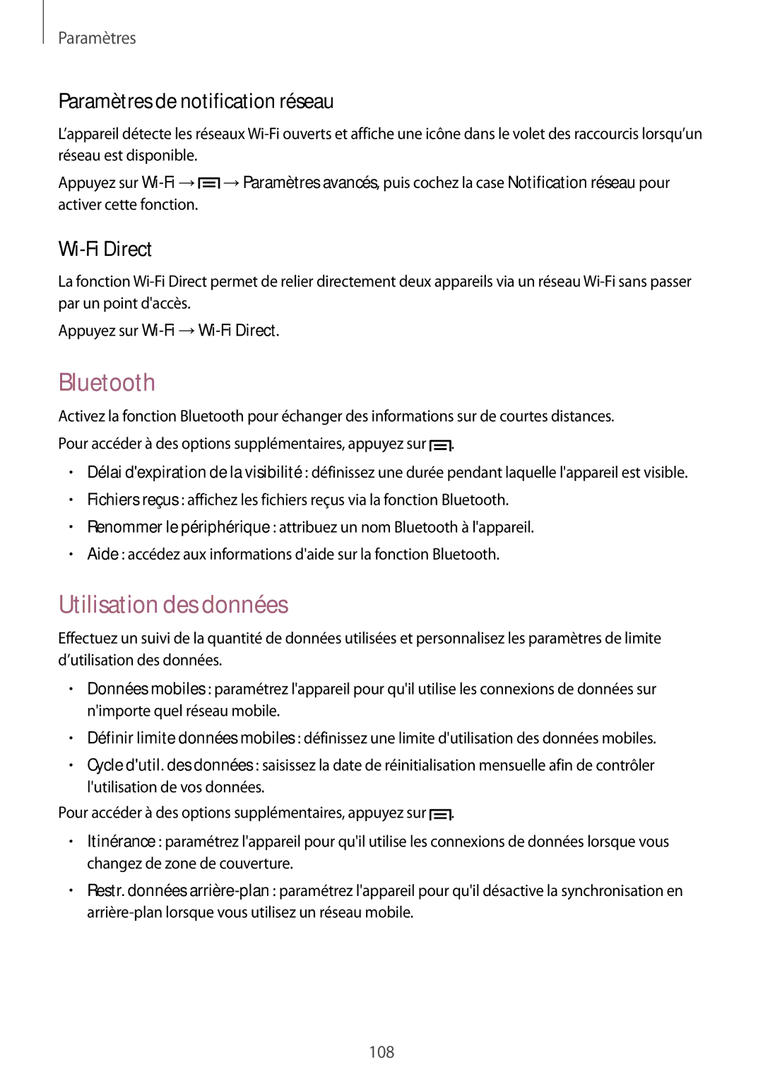 Samsung GT-I9205PPAFTM, GT-I9205ZKAXEF Bluetooth, Utilisation des données, Paramètres de notification réseau, Wi-Fi Direct 