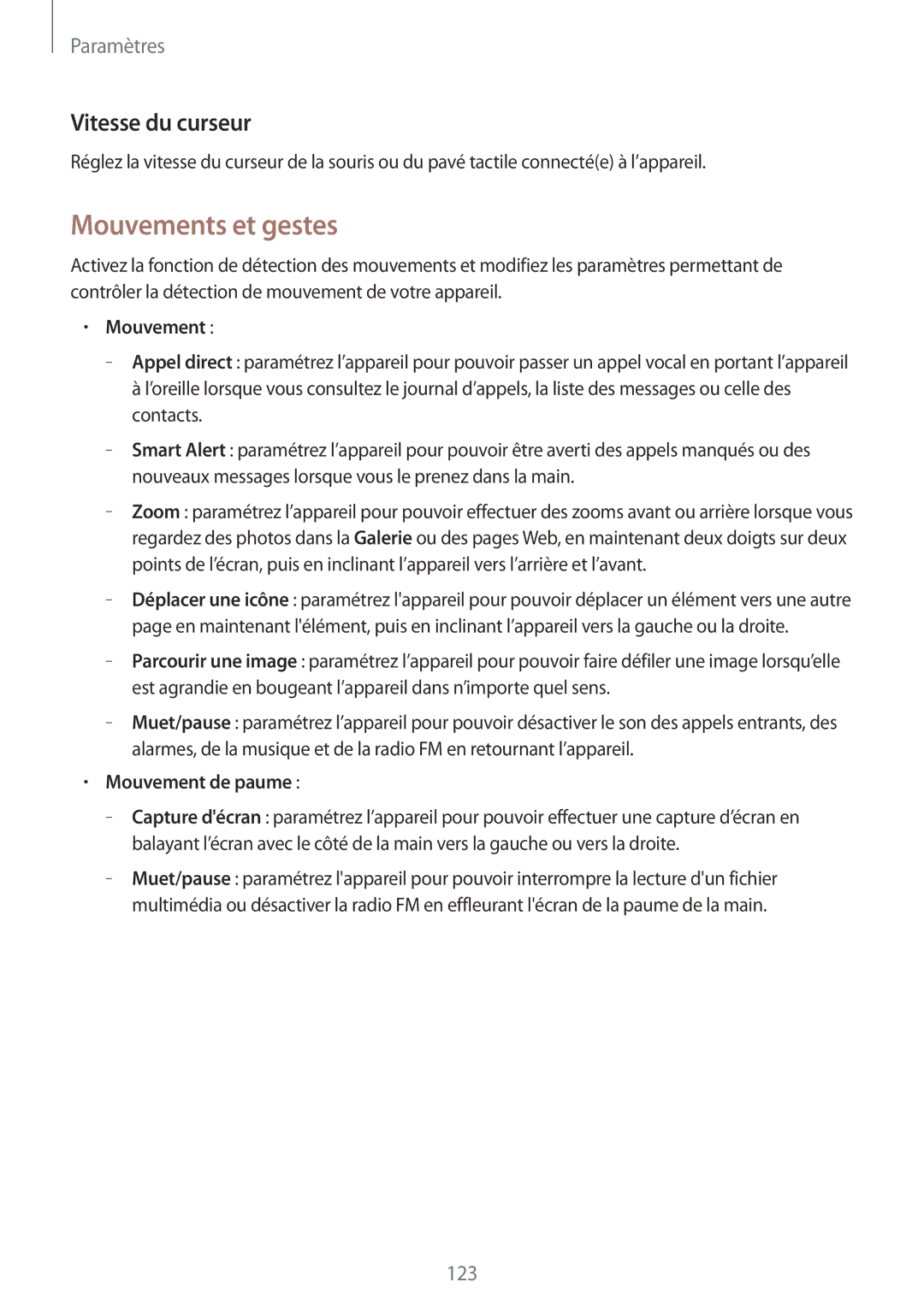 Samsung GT-I9205ZKANRJ, GT-I9205PPAFTM, GT-I9205ZKAXEF manual Mouvements et gestes, Vitesse du curseur, Mouvement de paume 