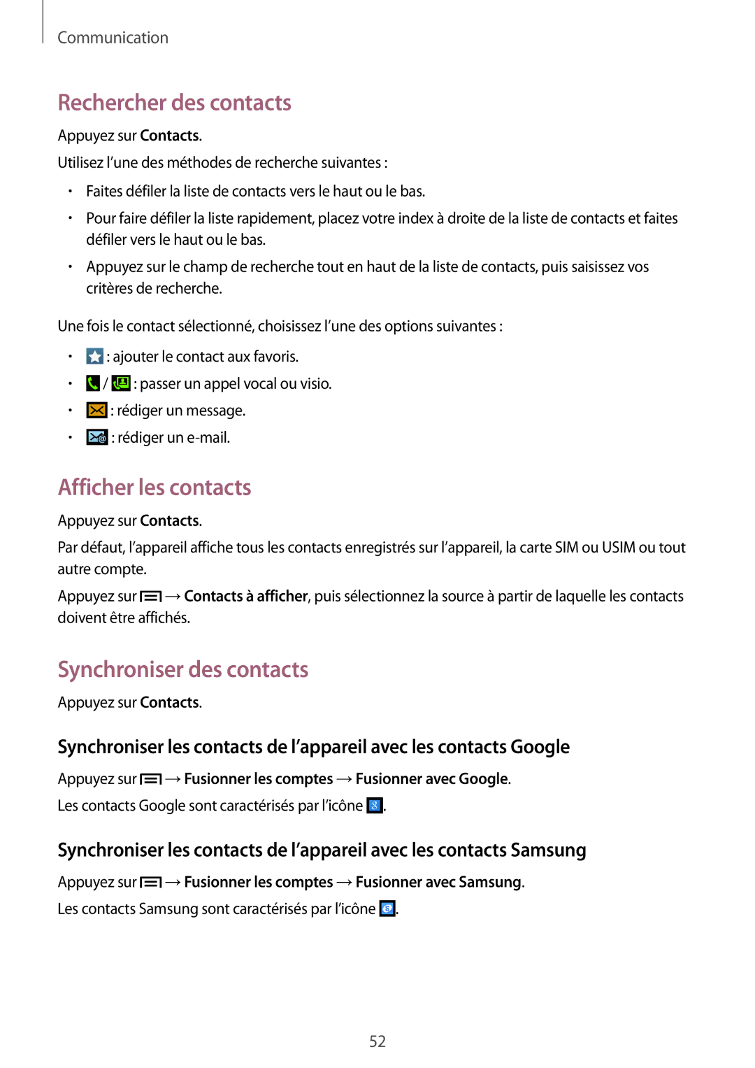 Samsung GT-I9205ZWASFR, GT-I9205PPAFTM manual Rechercher des contacts, Afficher les contacts, Synchroniser des contacts 