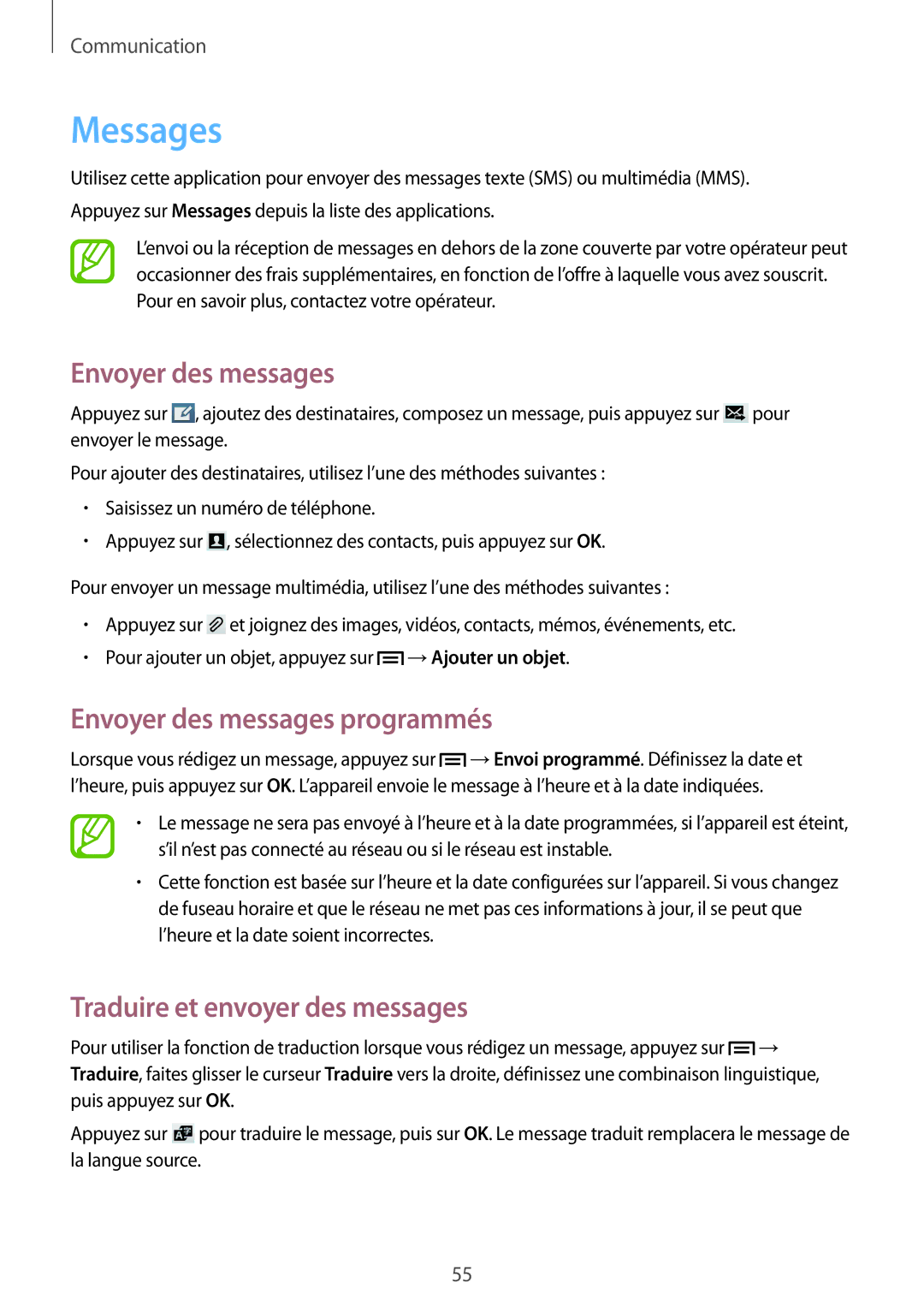 Samsung GT-I9205ZKAXEF, GT-I9205PPAFTM Messages, Envoyer des messages programmés, Traduire et envoyer des messages 