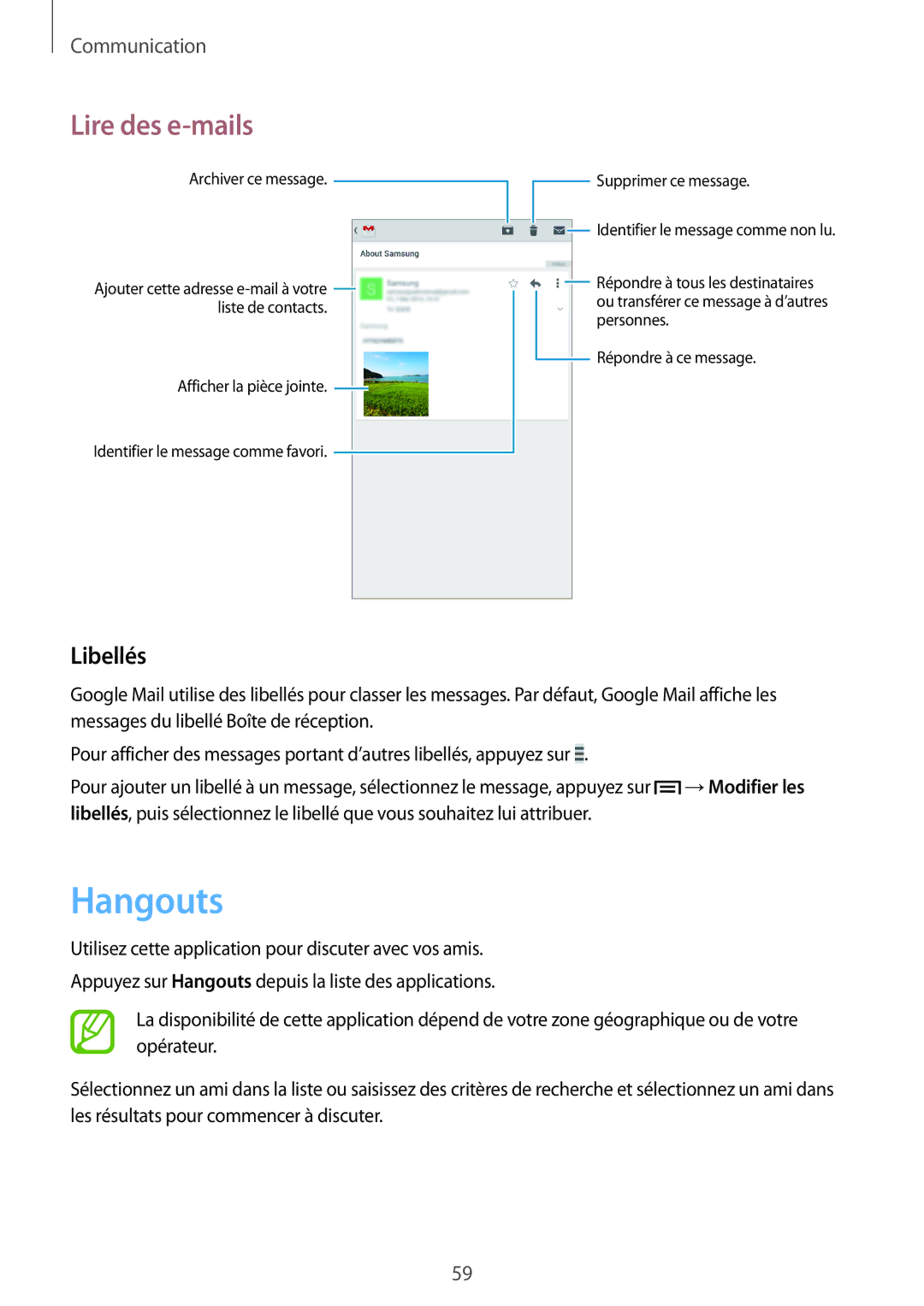Samsung GT-I9205ZKASFR, GT-I9205PPAFTM, GT-I9205ZKAXEF, GT-I9205ZWAXEF, GT-I9205ZKABOG, GT-I9205ZWANRJ manual Hangouts, Libellés 