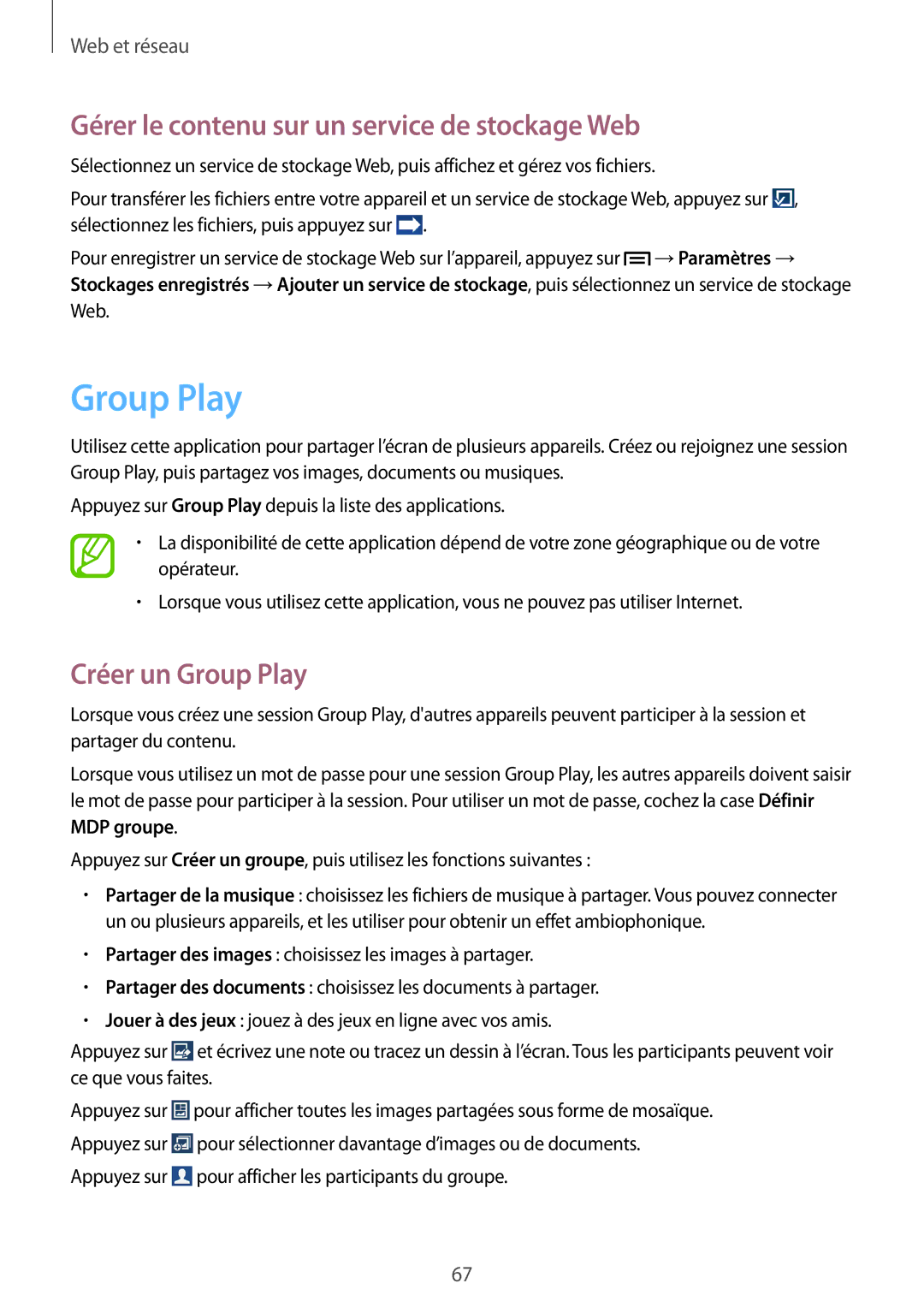 Samsung GT-I9205ZWANRJ, GT-I9205PPAFTM manual Gérer le contenu sur un service de stockage Web, Créer un Group Play 