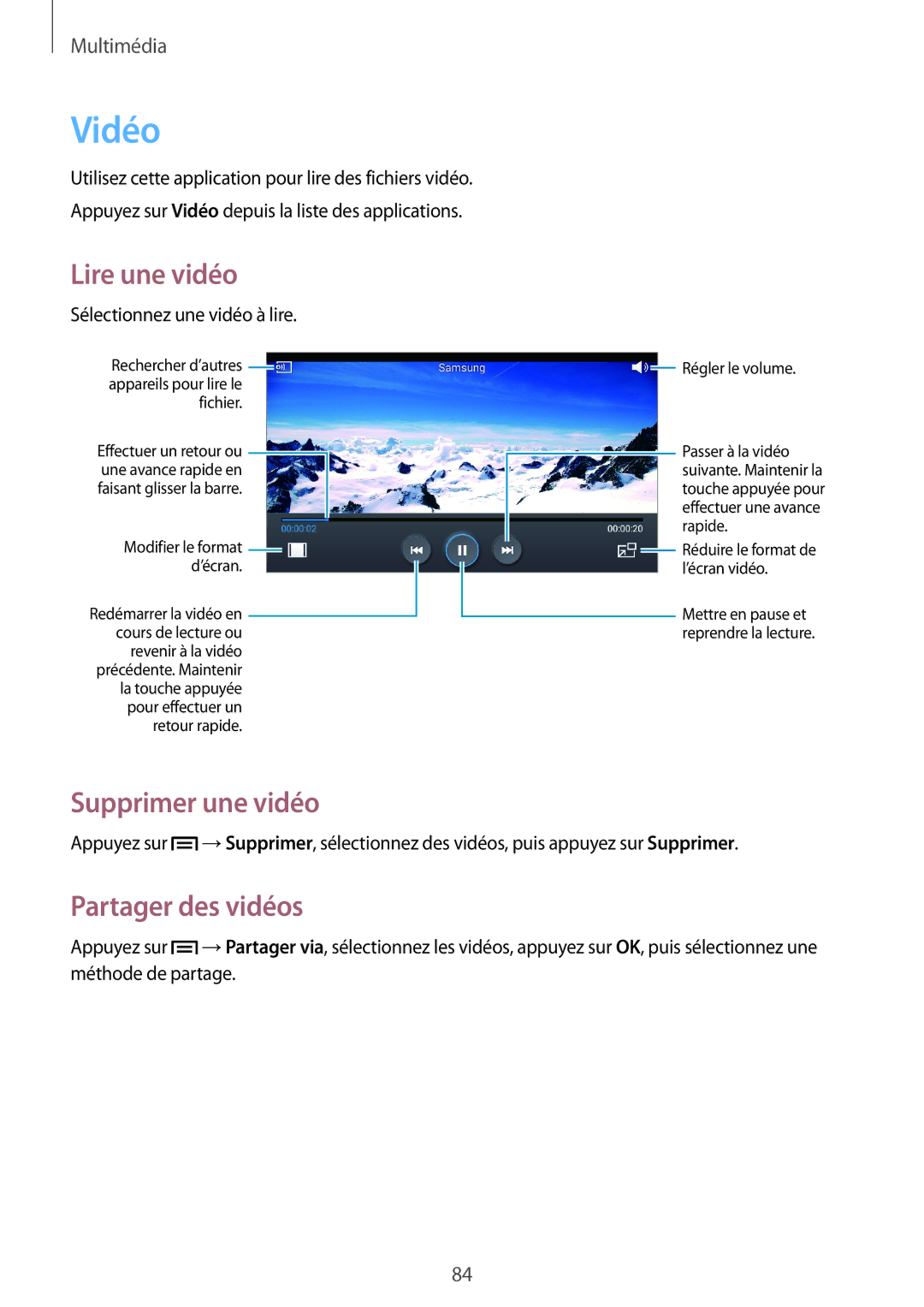 Samsung GT-I9205ZKABOG, GT-I9205PPAFTM, GT-I9205ZKAXEF, GT-I9205ZWAXEF manual Vidéo, Supprimer une vidéo, Partager des vidéos 