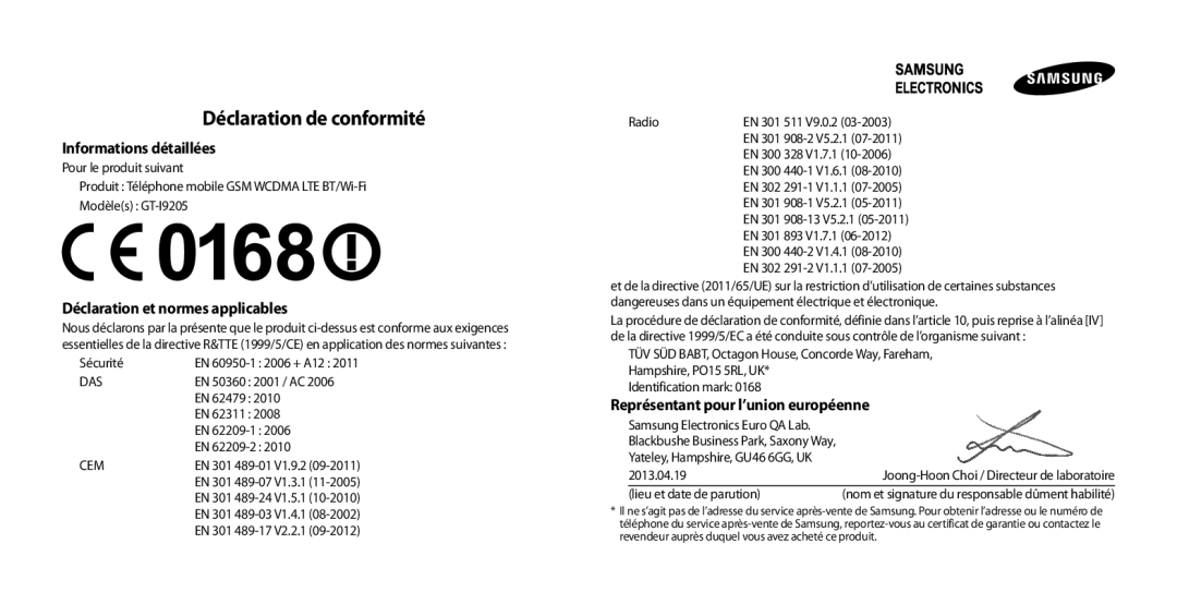 Samsung GT-I9205PPAFTM, GT-I9205ZKAXEF, GT-I9205ZWAXEF, GT-I9205ZKABOG, GT-I9205ZWANRJ manual Déclaration de conformité 