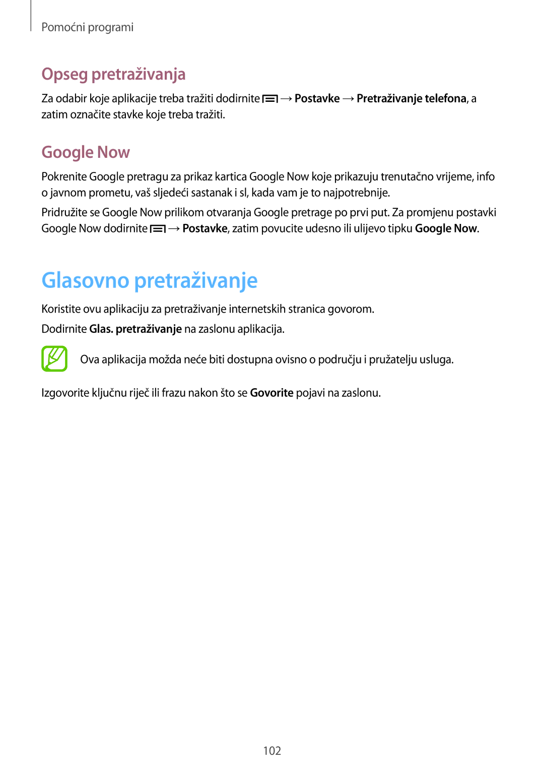 Samsung GT-I9205ZKAVIP, GT-I9205ZKACRO, GT-I9205ZKATRA manual Glasovno pretraživanje, Opseg pretraživanja, Google Now 