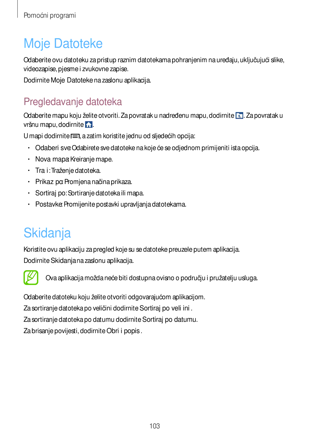 Samsung GT-I9205ZWATRA, GT-I9205ZKACRO, GT-I9205ZKATRA, GT-I9205ZKAVIP manual Moje Datoteke, Skidanja, Pregledavanje datoteka 