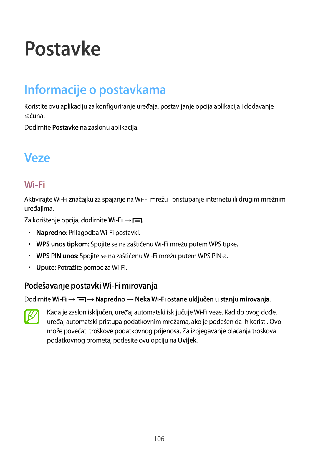 Samsung GT-I9205ZKAVIP, GT-I9205ZKACRO manual Informacije o postavkama, Veze, Podešavanje postavki Wi-Fi mirovanja 