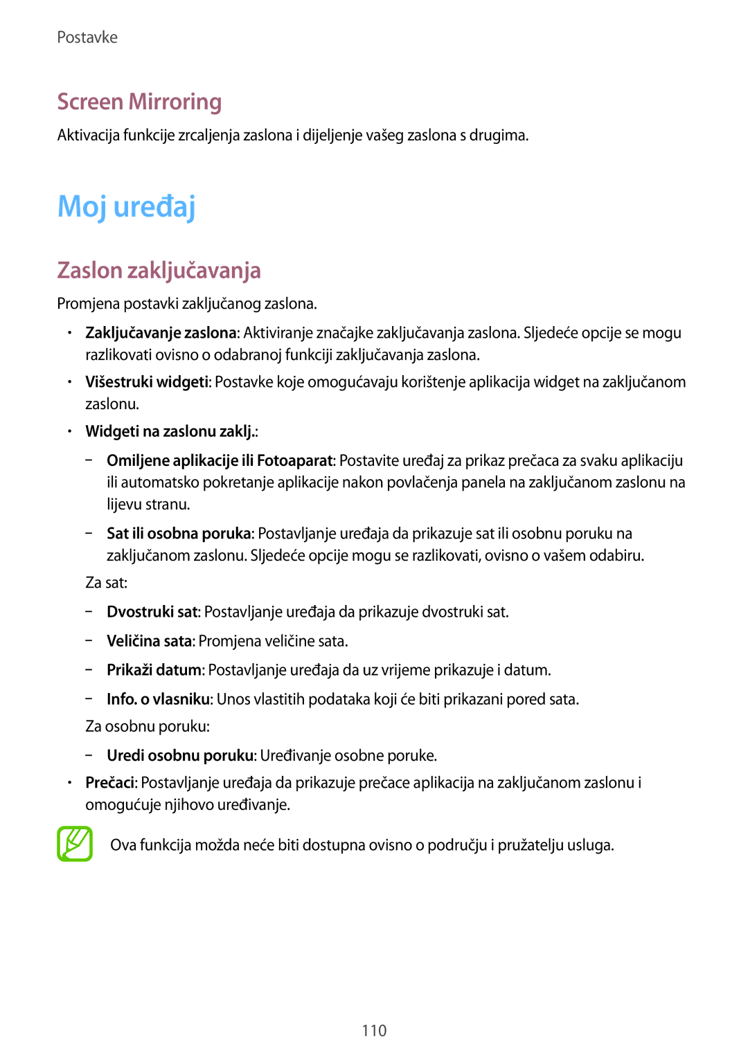 Samsung GT-I9205ZKAVIP, GT-I9205ZKACRO manual Moj uređaj, Screen Mirroring, Zaslon zaključavanja, Widgeti na zaslonu zaklj 