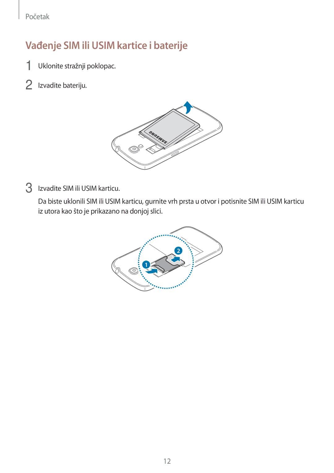 Samsung GT-I9205ZKACRO, GT-I9205ZKATRA, GT-I9205ZKAVIP, GT-I9205ZWATRA manual Vađenje SIM ili Usim kartice i baterije 