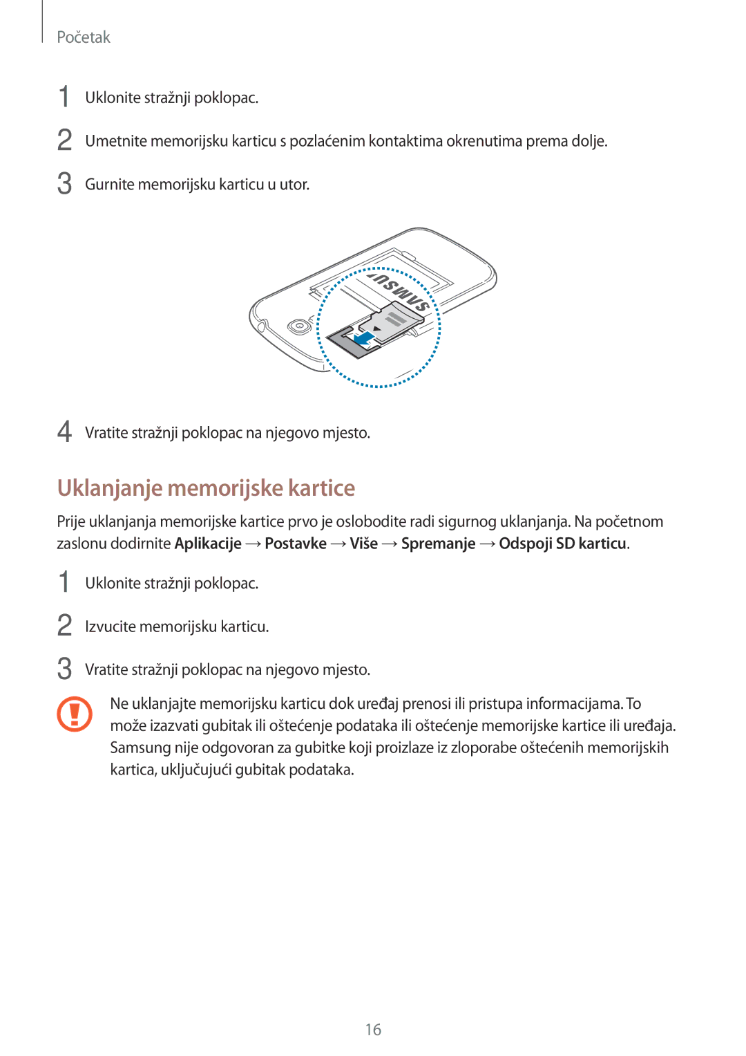 Samsung GT-I9205ZKACRO, GT-I9205ZKATRA, GT-I9205ZKAVIP, GT-I9205ZWATRA manual Uklanjanje memorijske kartice 