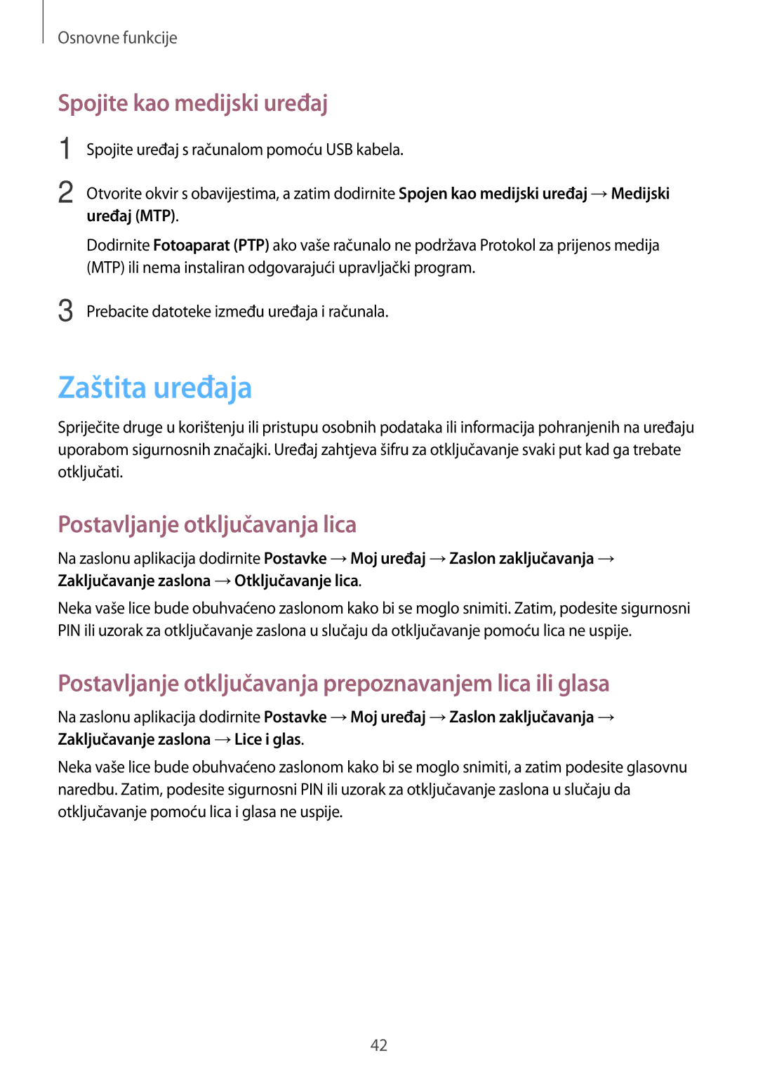 Samsung GT-I9205ZKAVIP manual Zaštita uređaja, Spojite kao medijski uređaj, Postavljanje otključavanja lica, Uređaj MTP 