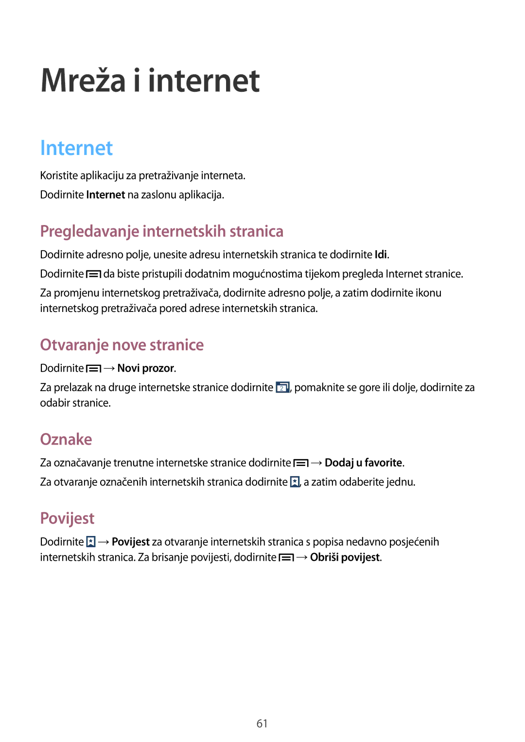 Samsung GT-I9205ZKATRA manual Internet, Pregledavanje internetskih stranica, Otvaranje nove stranice, Oznake, Povijest 