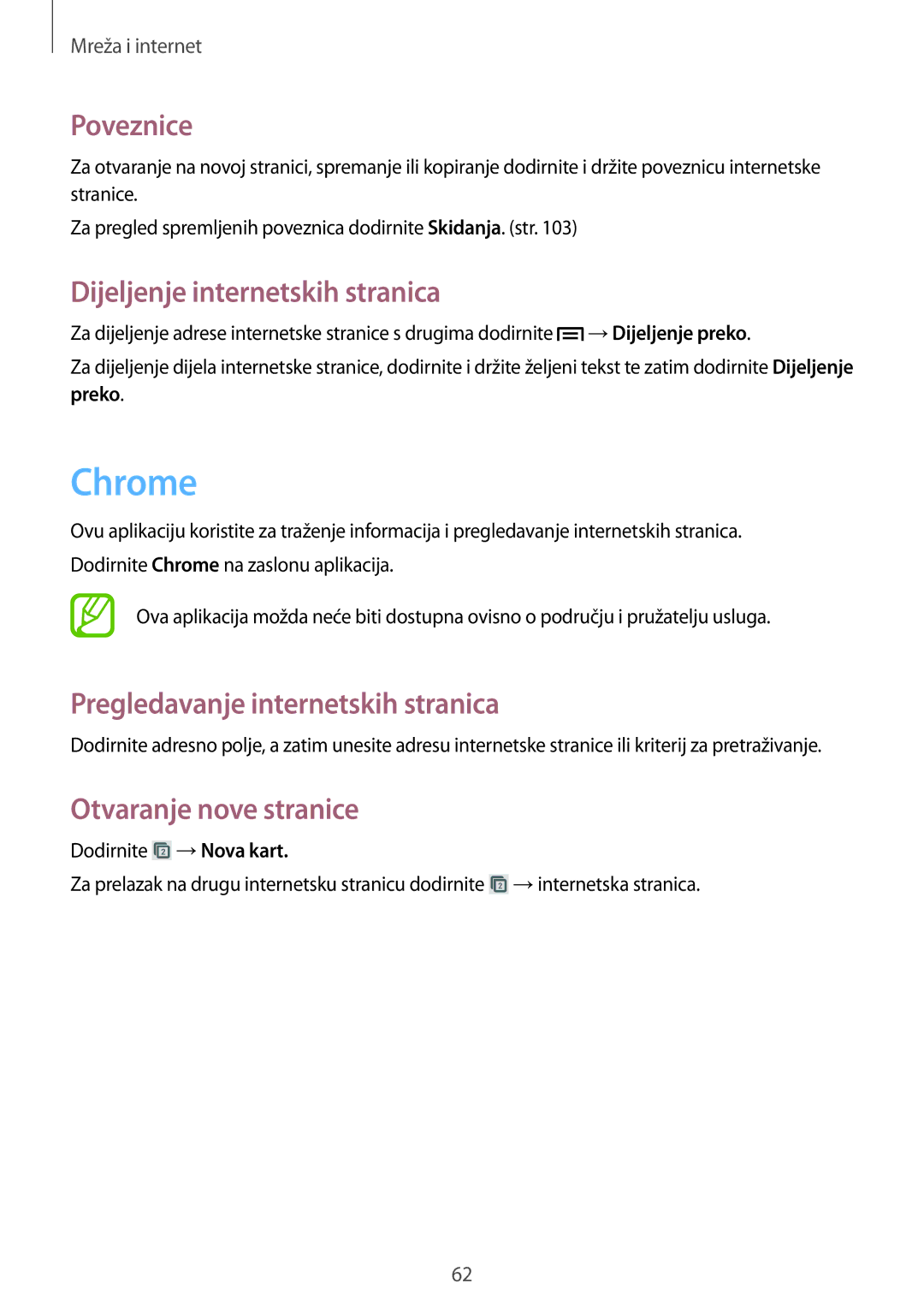 Samsung GT-I9205ZKAVIP, GT-I9205ZKACRO, GT-I9205ZKATRA manual Chrome, Poveznice, Dijeljenje internetskih stranica, Preko 