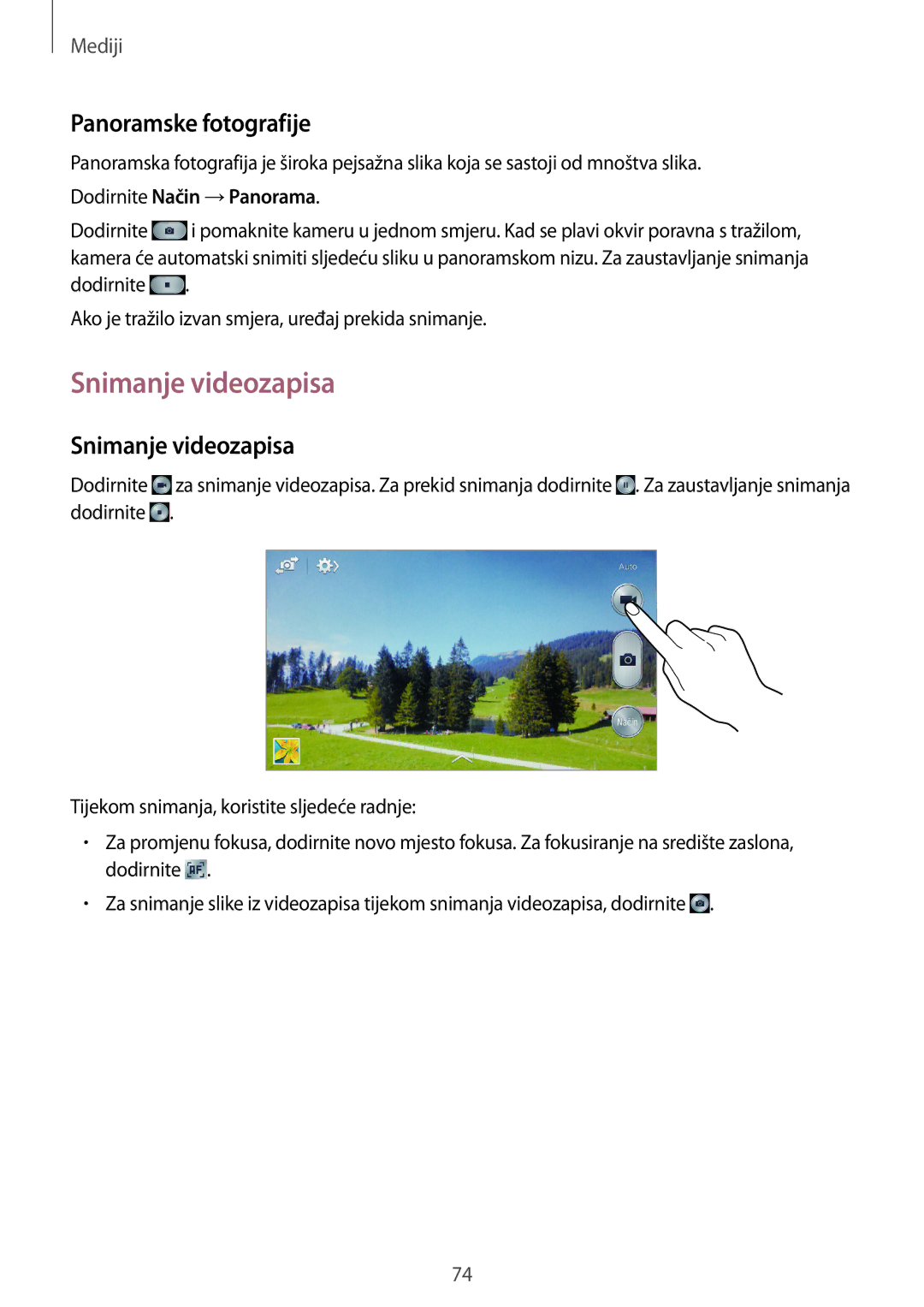 Samsung GT-I9205ZKAVIP, GT-I9205ZKACRO manual Snimanje videozapisa, Panoramske fotografije, Dodirnite Način →Panorama 