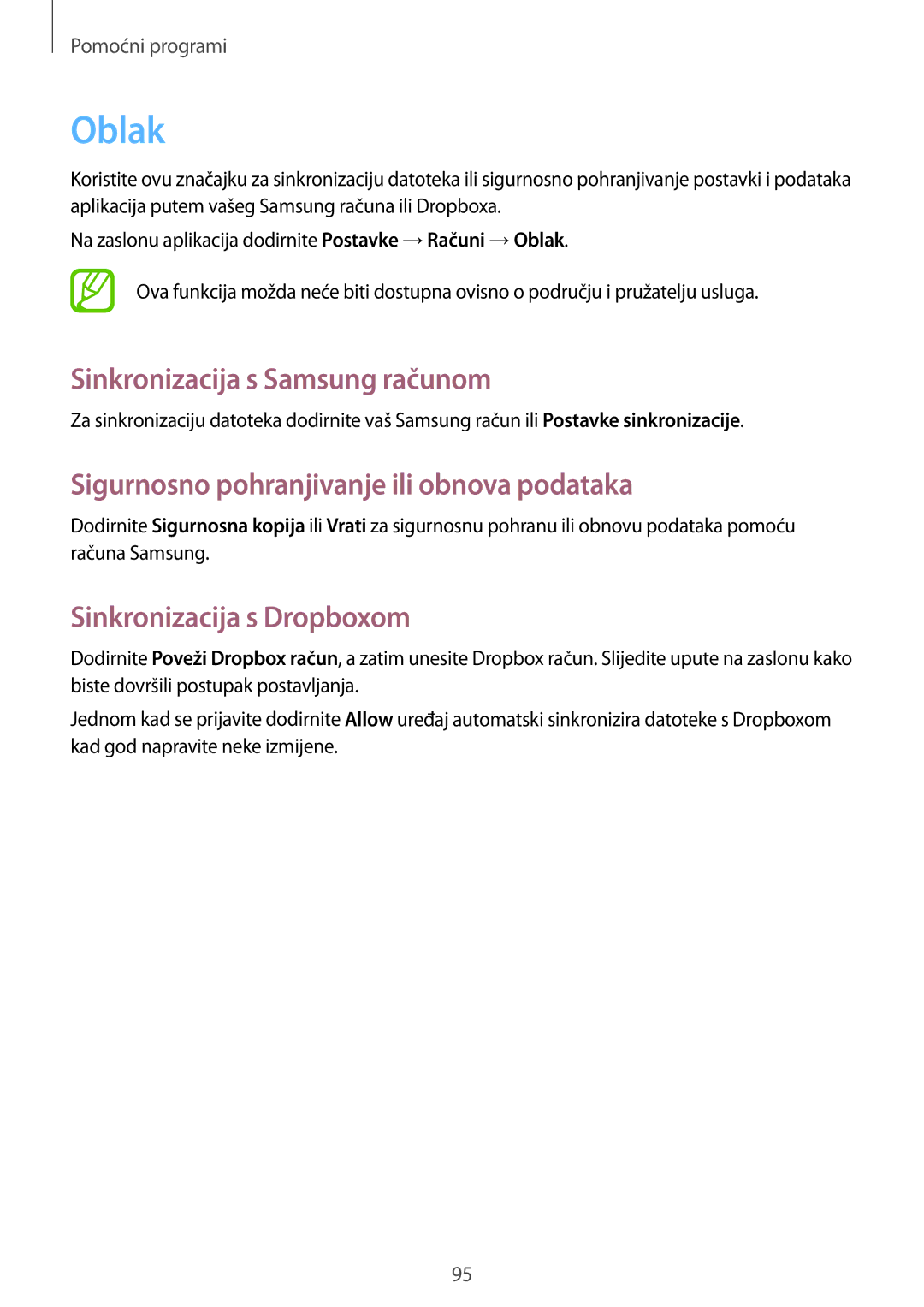 Samsung GT-I9205ZWATRA manual Oblak, Sinkronizacija s Samsung računom, Sigurnosno pohranjivanje ili obnova podataka 