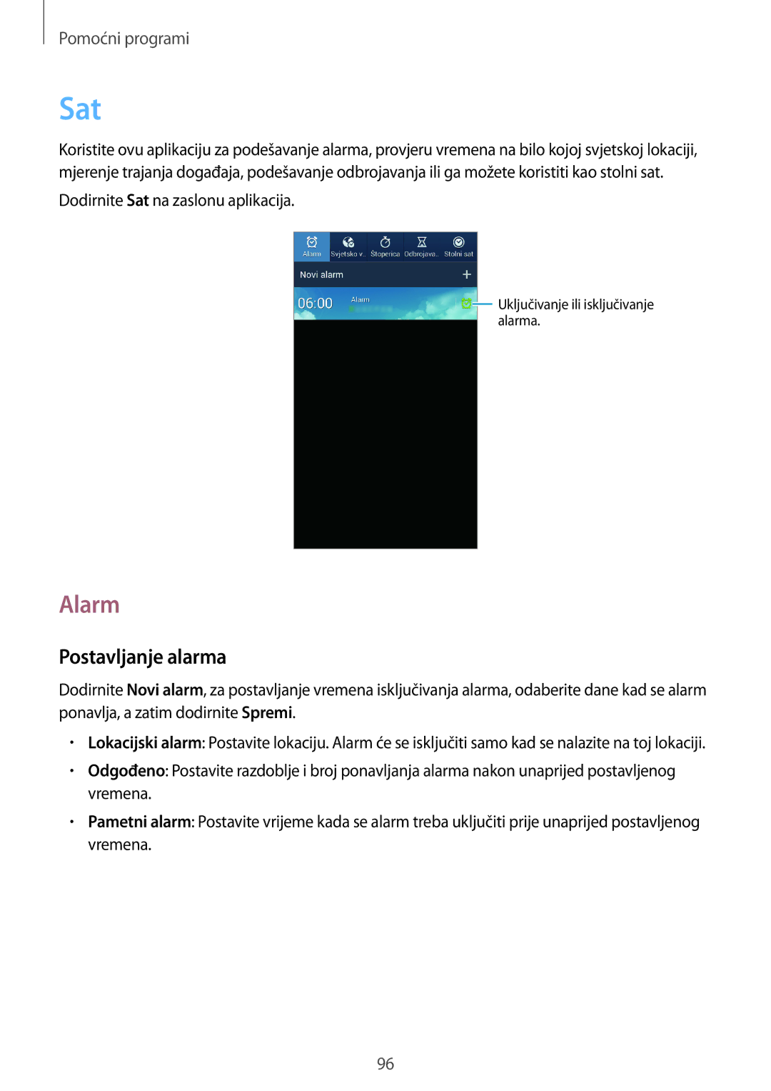 Samsung GT-I9205ZKACRO, GT-I9205ZKATRA, GT-I9205ZKAVIP, GT-I9205ZWATRA manual Sat, Alarm, Postavljanje alarma 