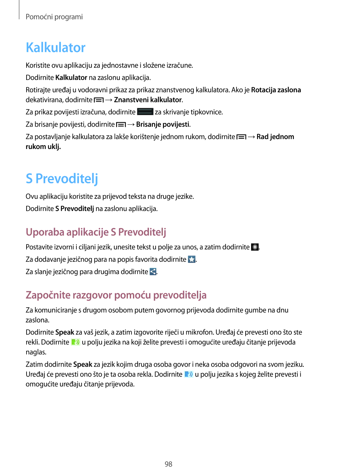 Samsung GT-I9205ZKAVIP manual Kalkulator, Uporaba aplikacije S Prevoditelj, Započnite razgovor pomoću prevoditelja 